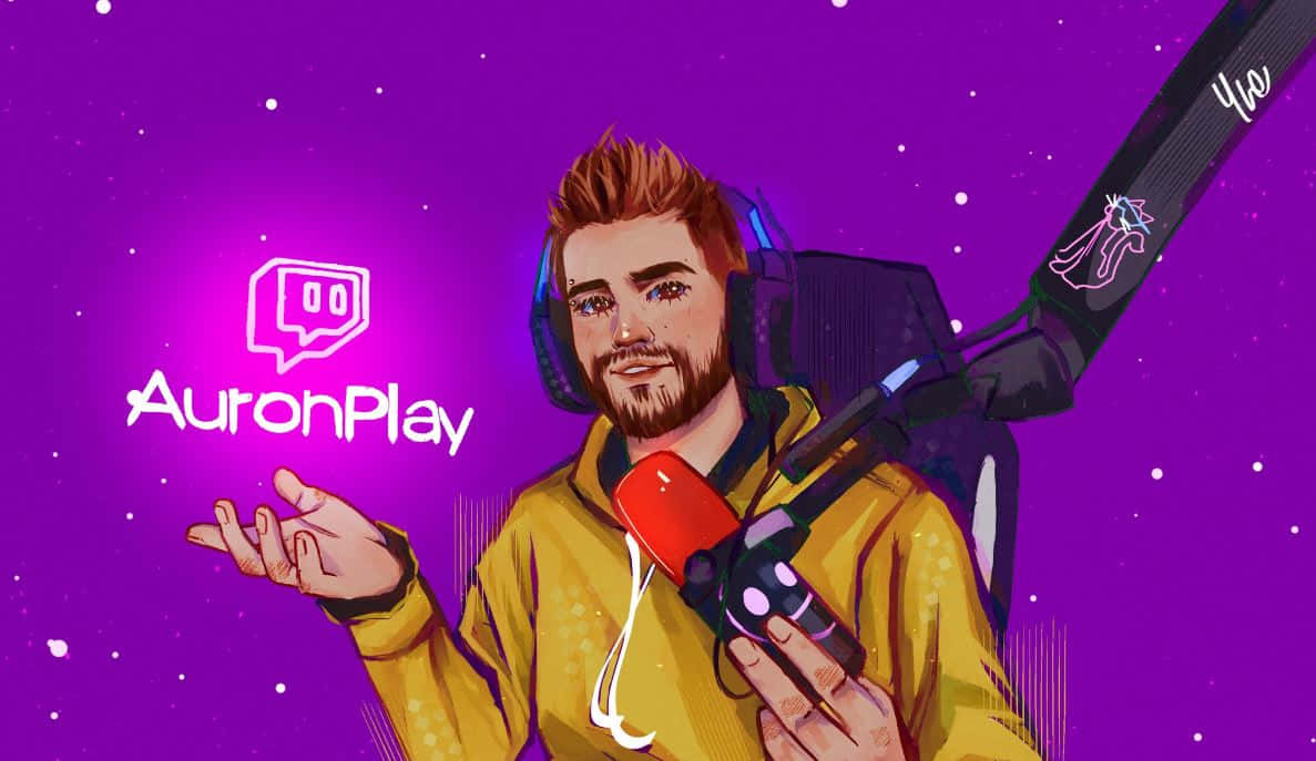 Minecraft Twitch Streamers 桌布 壁紙 — 一位戴著耳機和麥克風的實況主，在充滿活力的紫色星空背景和 Twitch 標誌前熱情地做手勢。