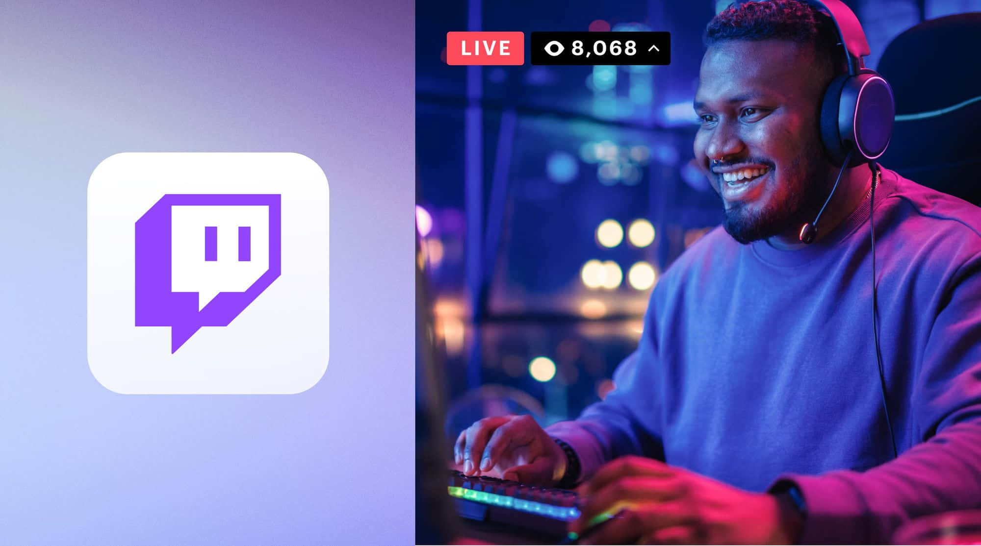 Twitch 桌布 壁紙 — 一位戴著耳機微笑的實況主，在紫藍色霓虹燈下用發光鍵盤玩遊戲。