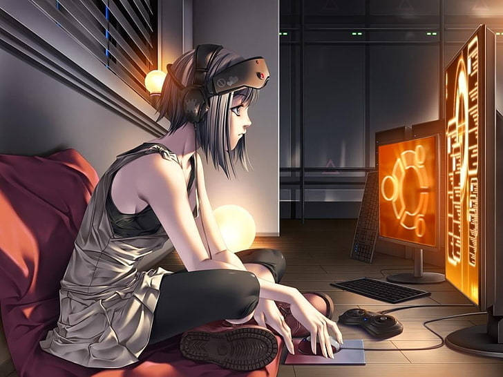 動漫女孩在黑暗房間中用發光螢幕的電腦玩遊戲。 — 動漫房間 壁紙