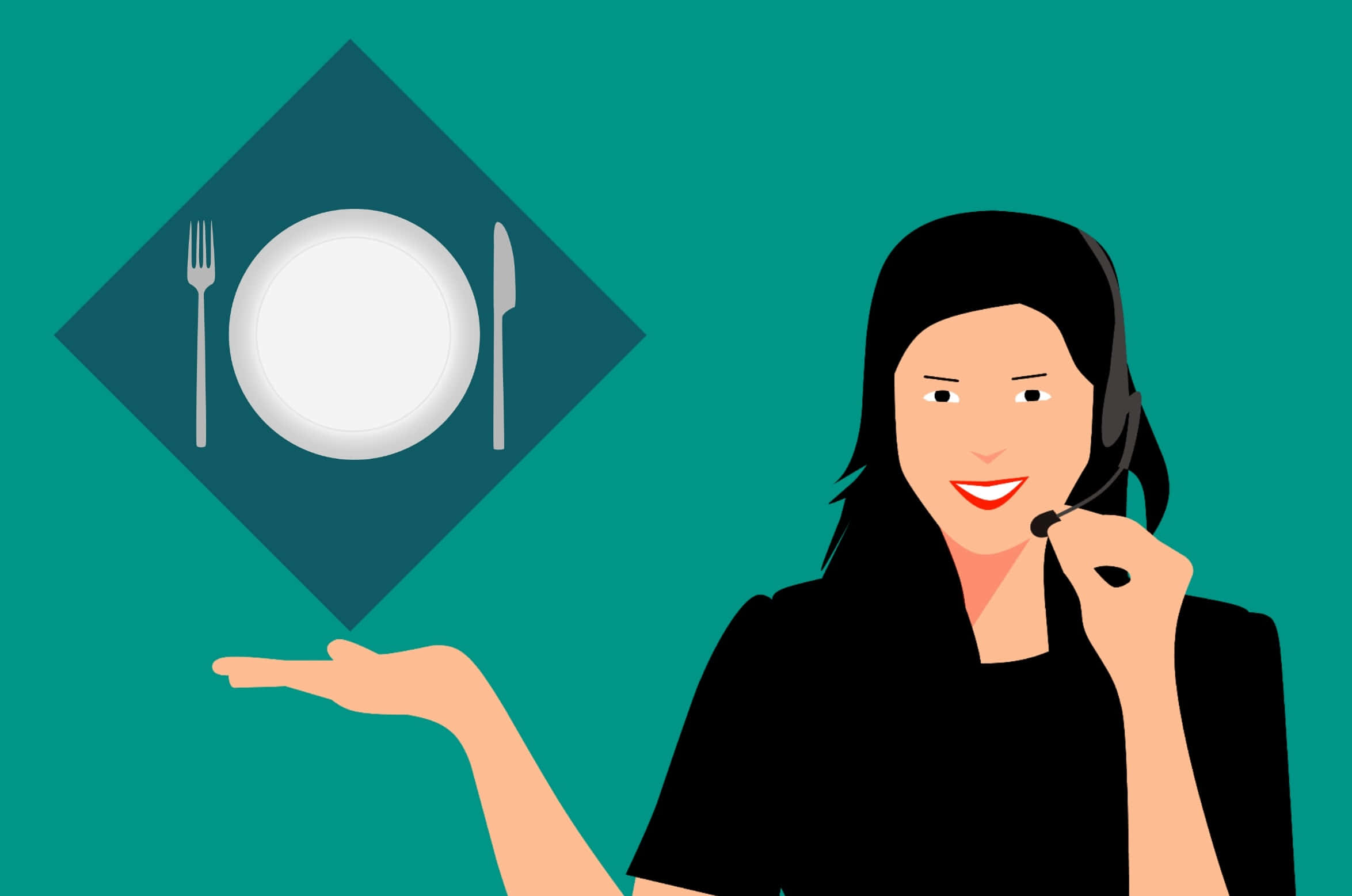 Telemarketing 桌布 壁紙 — 一位戴著耳機的微笑女士在一個青綠色鑽石形餐墊上展示一個配有叉子和刀的白色盤子。