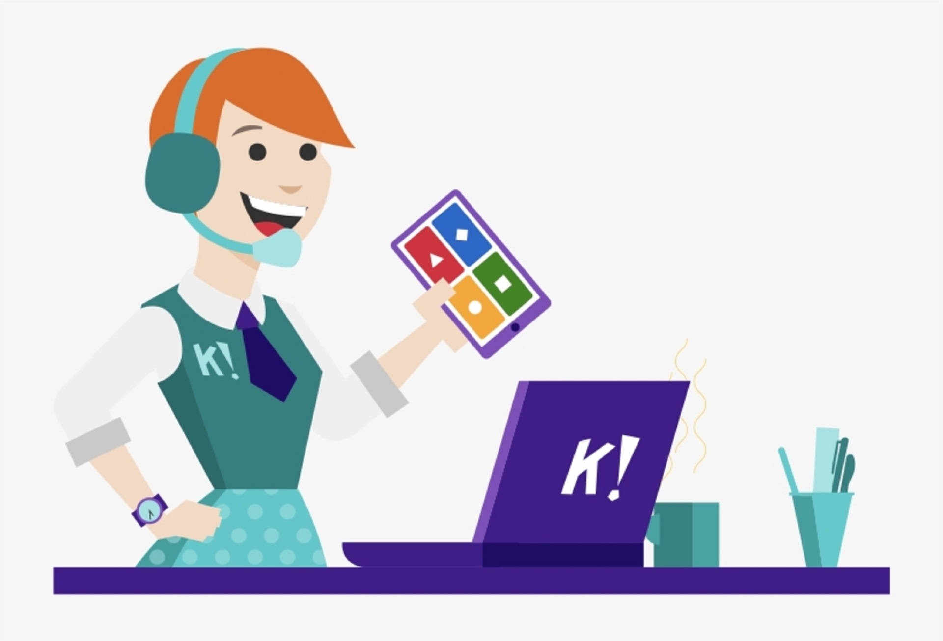 Kahoot 桌布 壁紙 — 一位戴著耳機的愉快卡通客戶服務代理微笑著，在紫色桌子上拿著一台彩色平板電腦，旁邊有一部筆記型電腦。