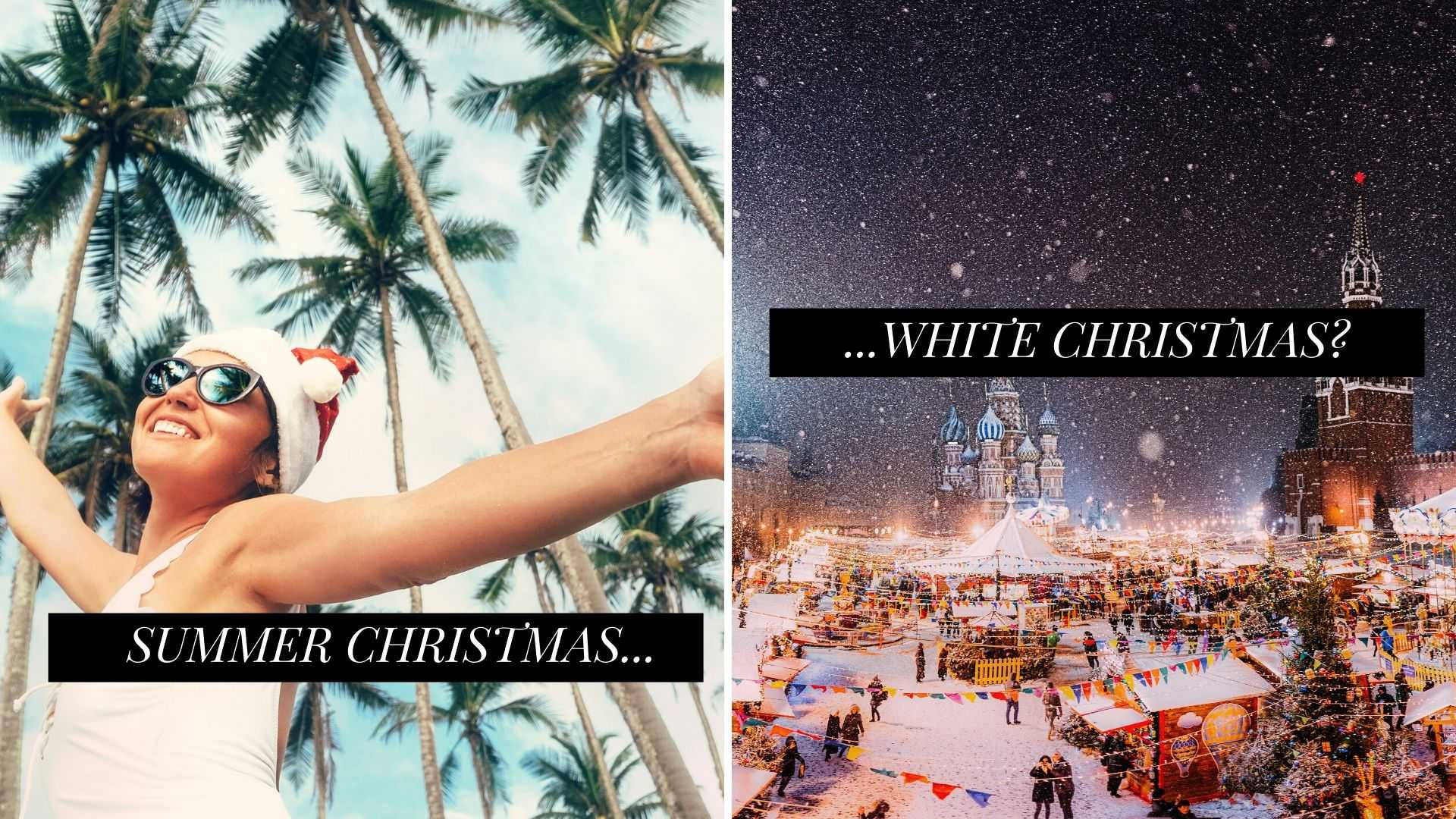 聖誕拼貼 桌布 壁紙 — 一位戴著聖誕帽的快樂女士在星空下雪地聖誕市集旁的棕櫚樹下微笑。
