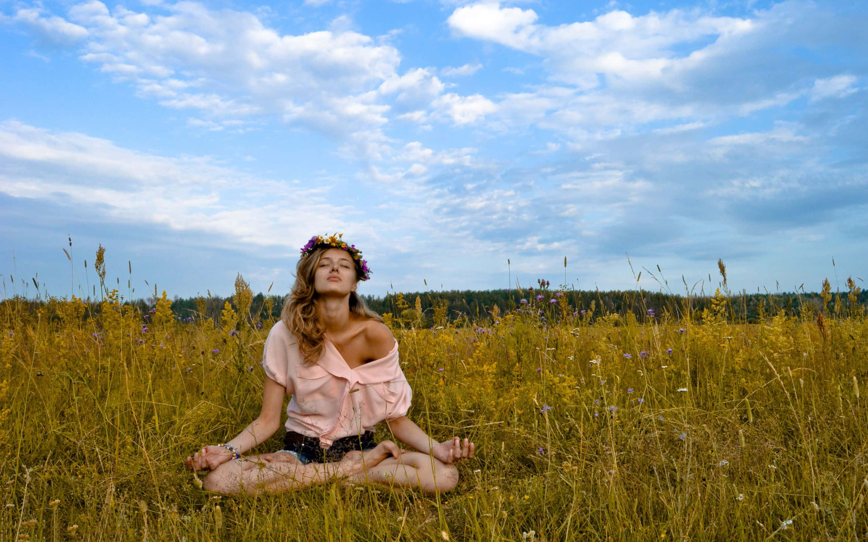 Transcendental 桌布 壁紙 — 一位戴著花冠的女性在陽光明媚的高大金色草地田野中平靜地冥想，天空部分多雲，呈現藍色。