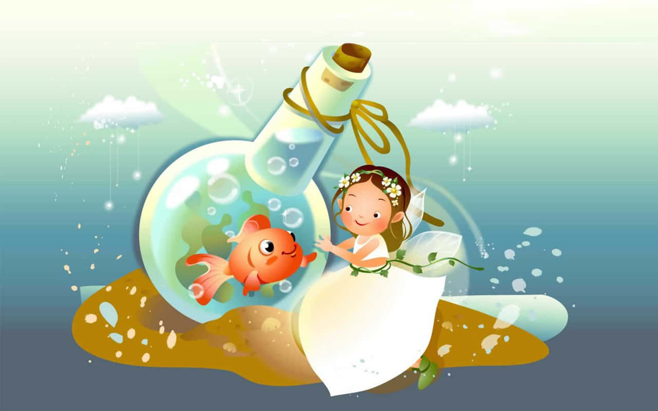 Cute Fairy 桌布 壁紙 — 一位戴著花冠的快樂仙子，溫柔地拿著一個玻璃瓶，裡面有一條微笑的橙色魚和漂浮的泡泡，背景是柔和的漸變天空。