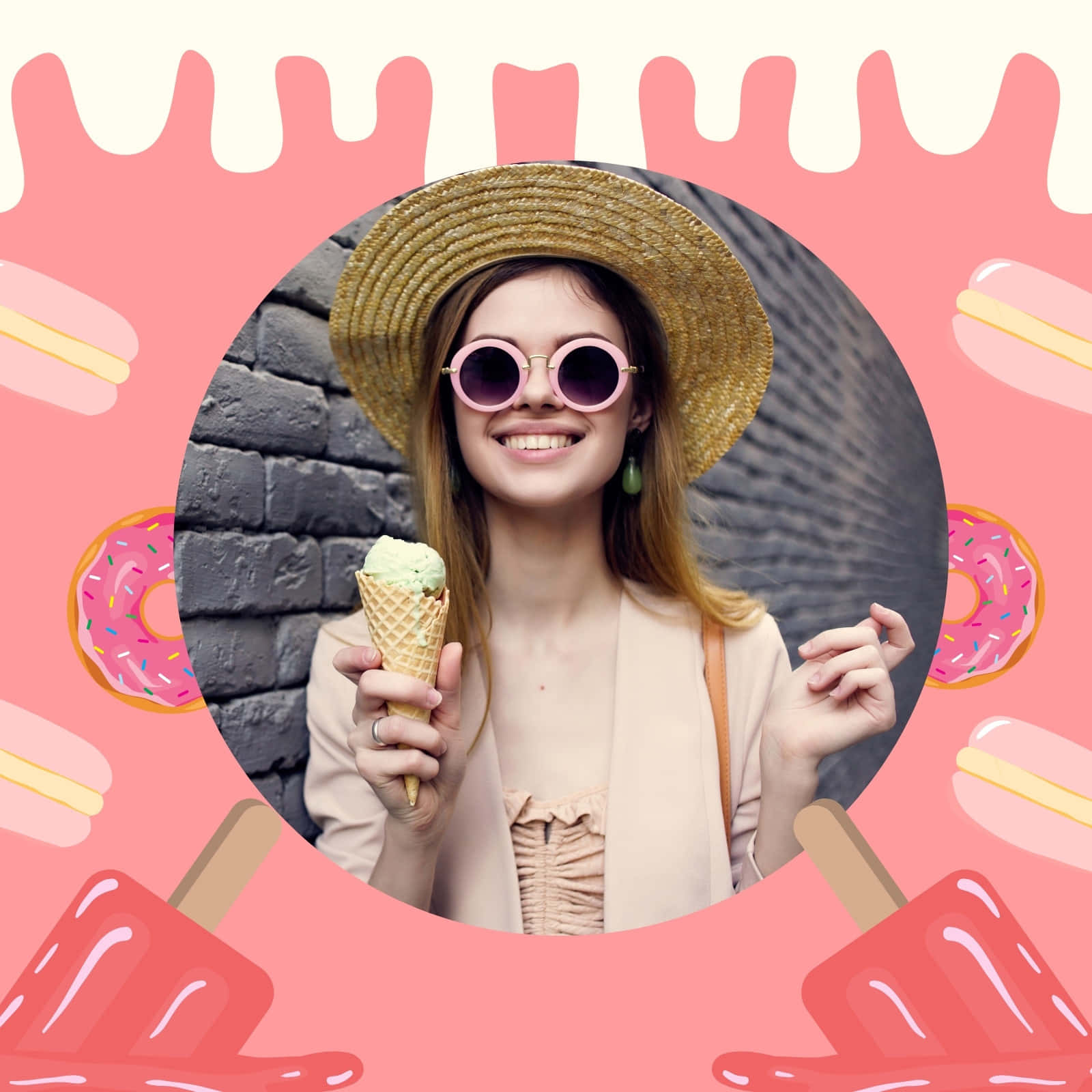 icecream 桌布 壁紙 — 一位戴著草帽和粉紅色太陽眼鏡的微笑女士，在灰色磚牆前拿著一個綠色冰淇淋甜筒，周圍是帶有卡通甜甜圈和冰棒圖案的俏皮粉紅色邊框。