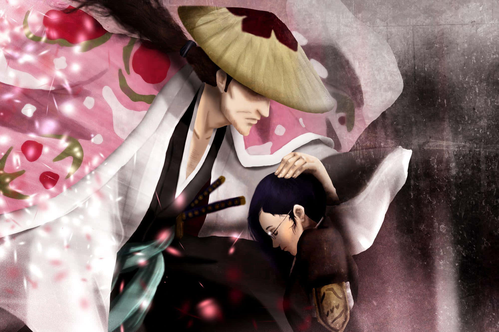 Shunsui Kyoraku 桌布 壁紙 — 一位戴著草帽的武士在飄落的櫻花和發光的粉紅色花瓣中輕輕懷抱著一位倒下的戰士。