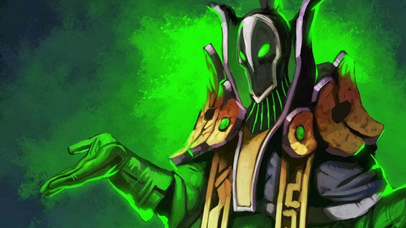 Rubick 桌布 壁紙 — 一位戴著華麗盔甲、眼睛和雙手發出綠色光芒的蒙面戰士，站在充滿活力的綠色煙霧背景前。
