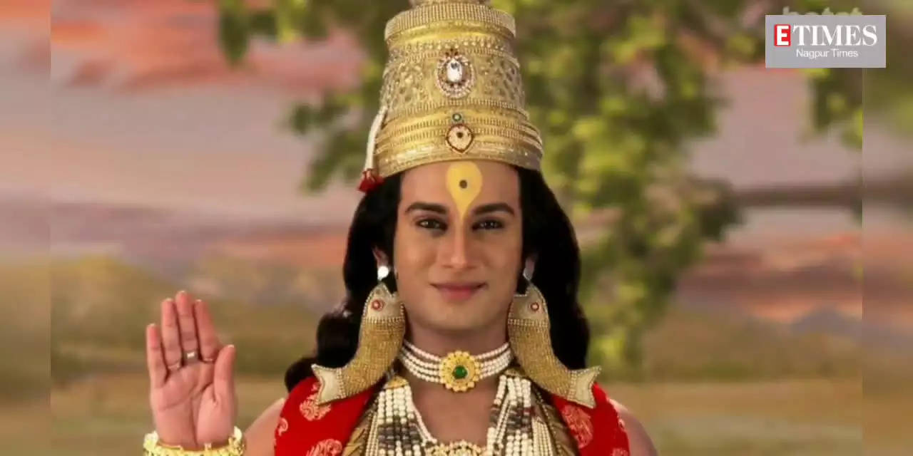 Indian 桌布 壁紙 — 一位戴著華麗金色王冠、身穿紅色服飾的人，在柔和的日落背景下以平靜的表情揮手。
