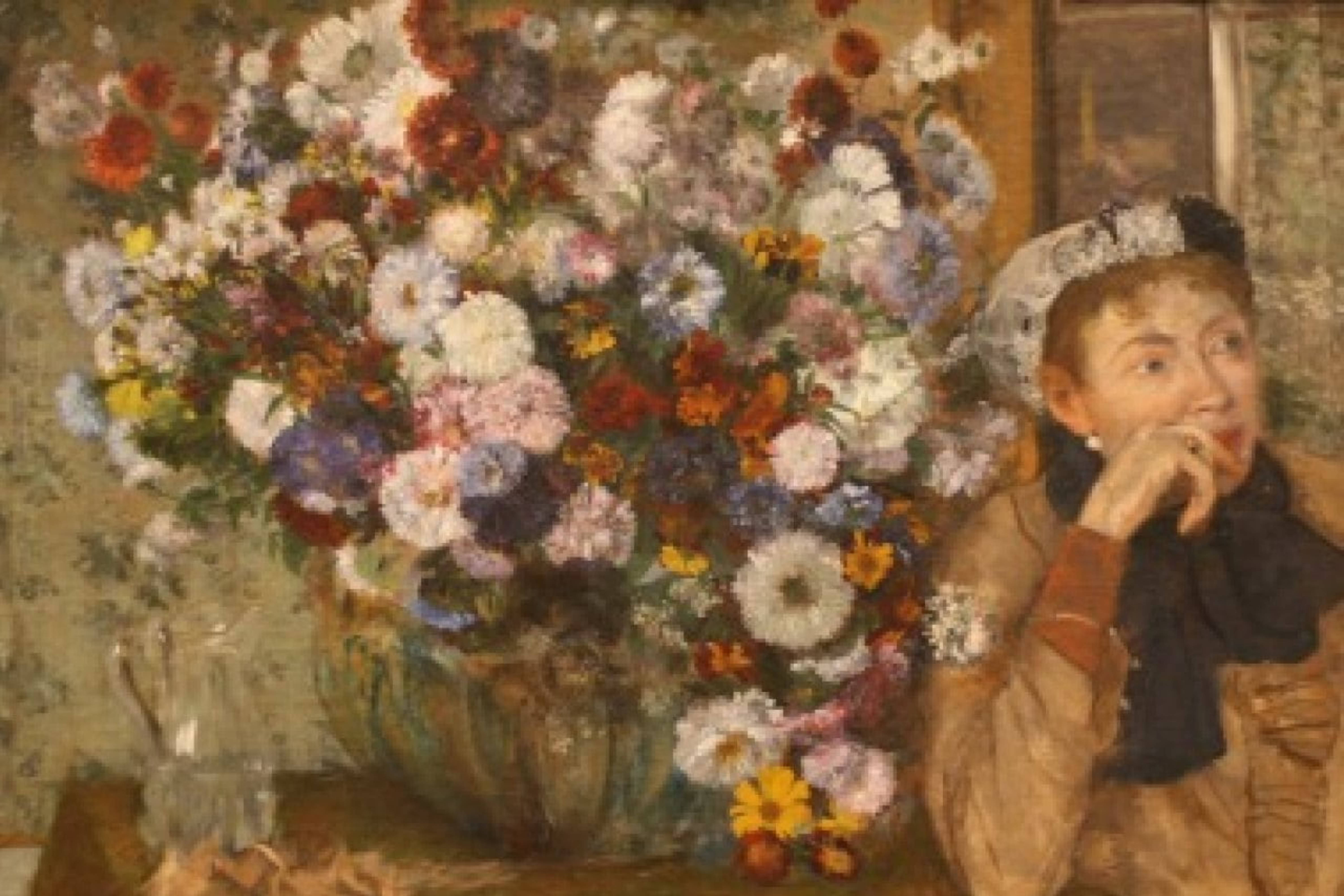 Degas 桌布 壁紙 — 一位戴著蕾絲帽子的女士在一個裝滿彩色雛菊和菊花的奢華花瓶旁若有所思地凝視。