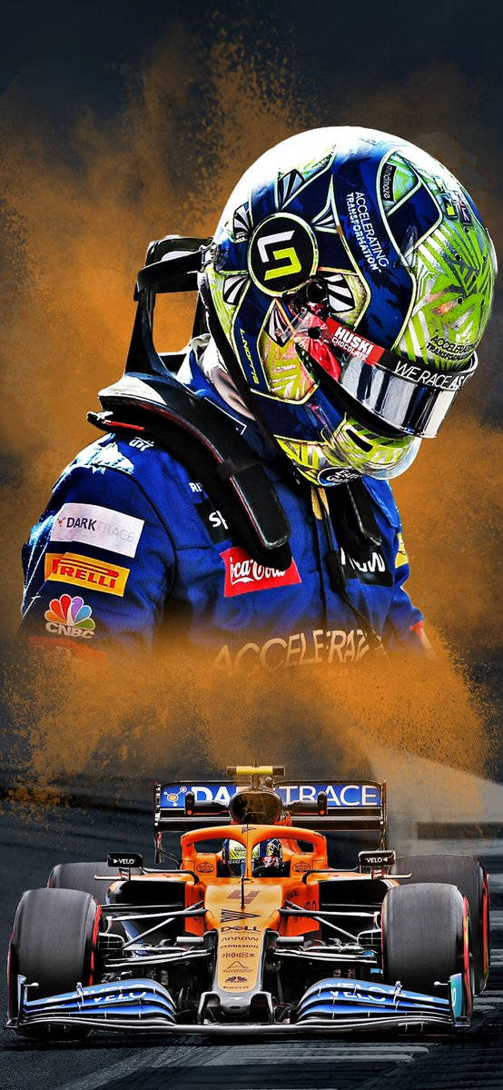 Racing 桌布 壁紙 — 一位戴著藍綠色頭盔的F1車手，在賽道上從他的賽車上方揚起的橙色塵埃中出現。