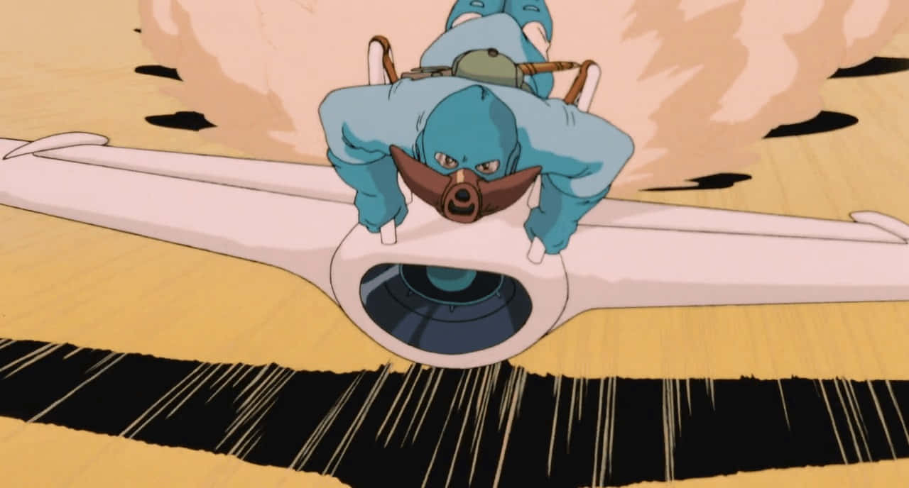 nausicaä of the valley of the wind 桌布 壁紙 — 一位戴著藍色面具的飛行員駕駛白色飛機，在佈滿黑雲和金色沙子的沙漠天空中俯衝。