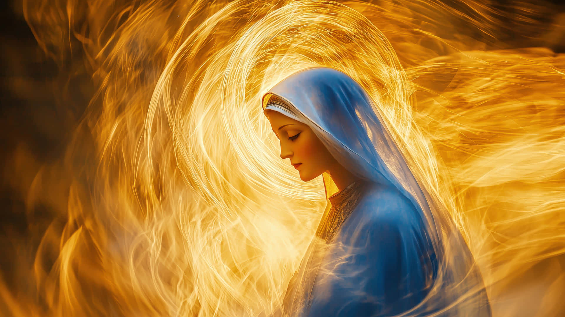 A serene depiction of a holy woman in a blue veil, surrounded by golden divine light 壁紙 — 一位戴著藍色面紗的寧靜女子，被神聖光環中旋轉的金色光芒所包圍。
