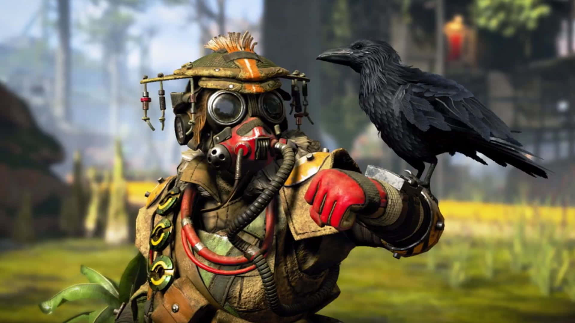 Apex Legends Bloodhound 桌布 壁紙 — 一位戴著複雜防毒面具和裝備的蒸氣龐克探險家，在迷霧森林中，一隻烏鴉棲息在他們戴著手套的手上。