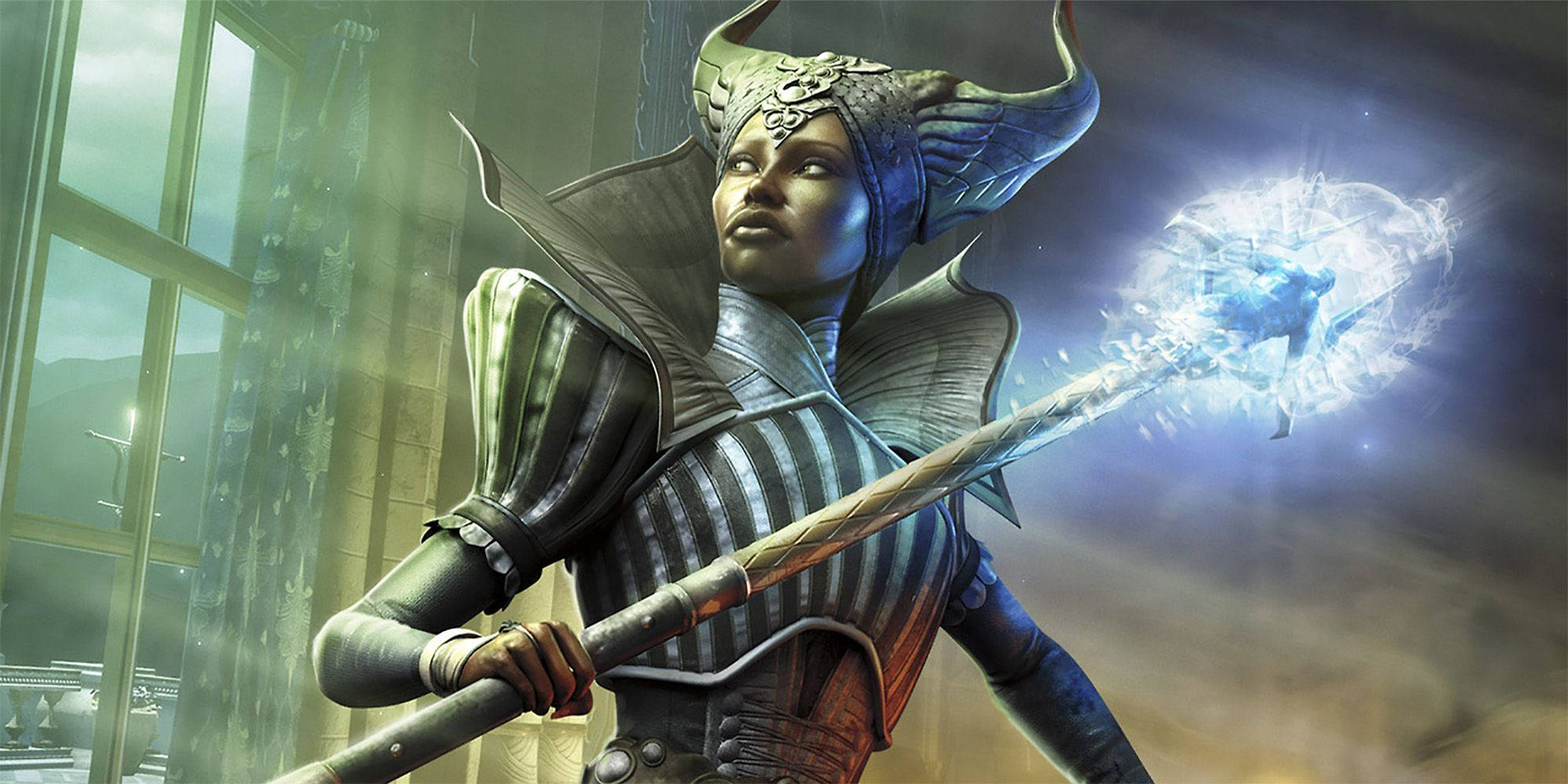 Dragon Age 桌布 壁紙 — 一位戴著角盔的奇幻戰士在戲劇性的室內場景中揮舞著發光法杖。