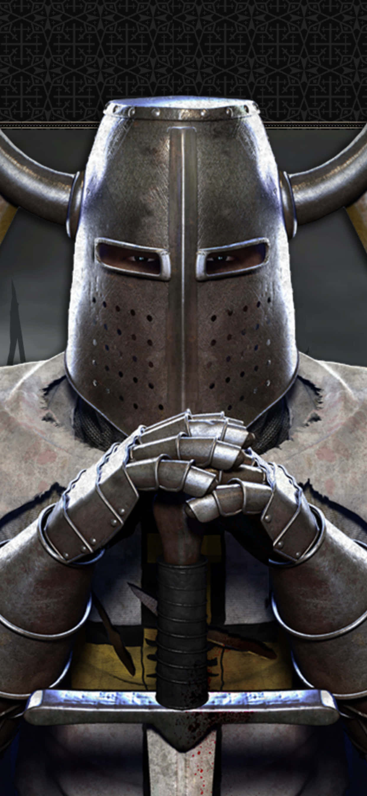 iPhone Xs Max Total War Attila 桌布 壁紙 — 一位戴著角盔的騎士，戴著手套的手握著劍柄，背景是圖案。
