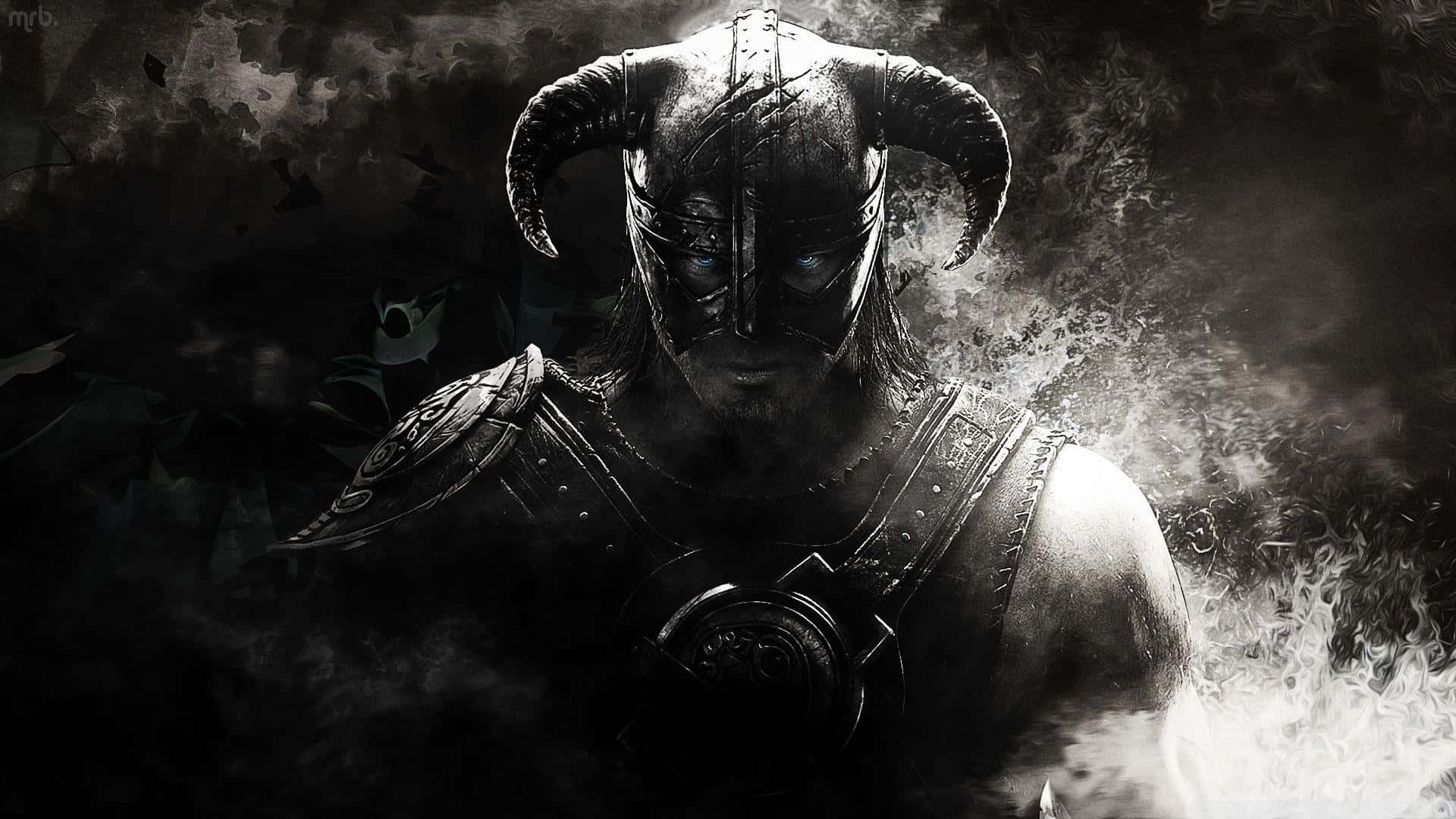 Skyrim Dawnguard 桌布 壁紙 — 一位戴著角盔的黑暗奇幻戰士從煙霧陰影中出現，擁有發光的眼睛和華麗的盔甲。