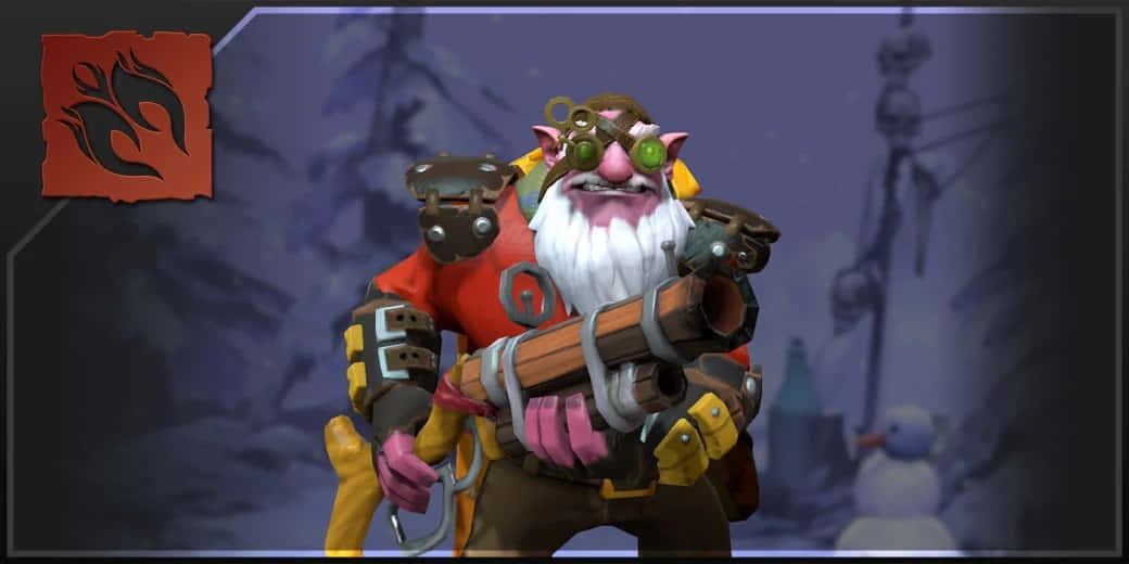 Dota 2 Sniper 桌布 壁紙 — 一位戴著護目鏡、手持大型機械武器的快樂地精發明家，站在白雪皚皚的冬季風景中。