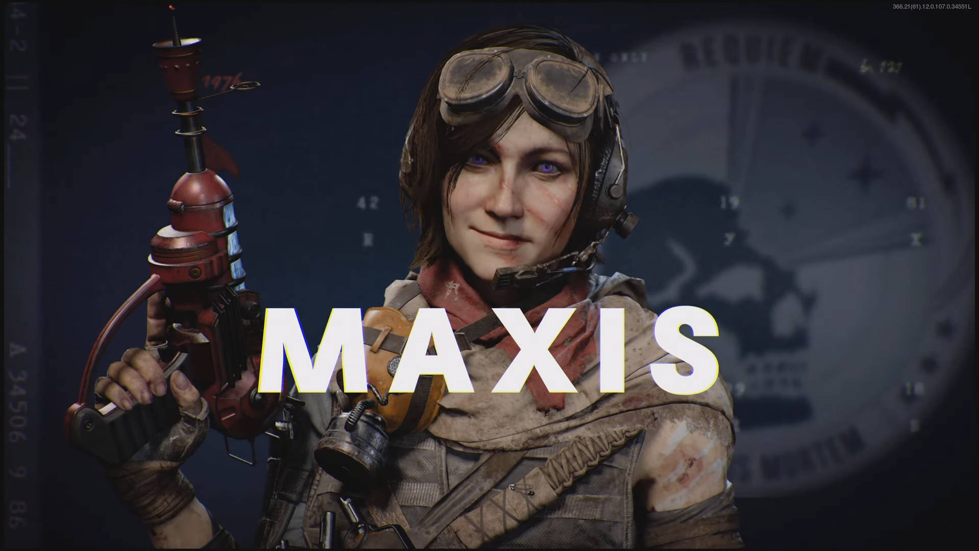 Maxis 桌布 壁紙 — 一位戴著護目鏡、手持紅色武器的蒸氣龐克女戰士，自信地站在黑暗機械背景前。