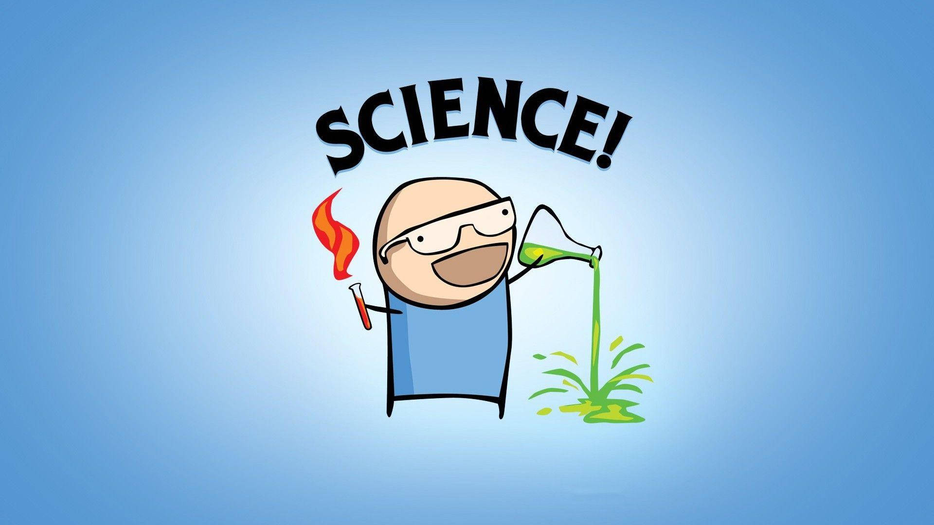 科學 桌布 壁紙 — 一位戴著護目鏡的卡通科學家將綠色液體倒在植物上，同時在「SCIENCE!」文字下方拿著一個燃燒的試管。