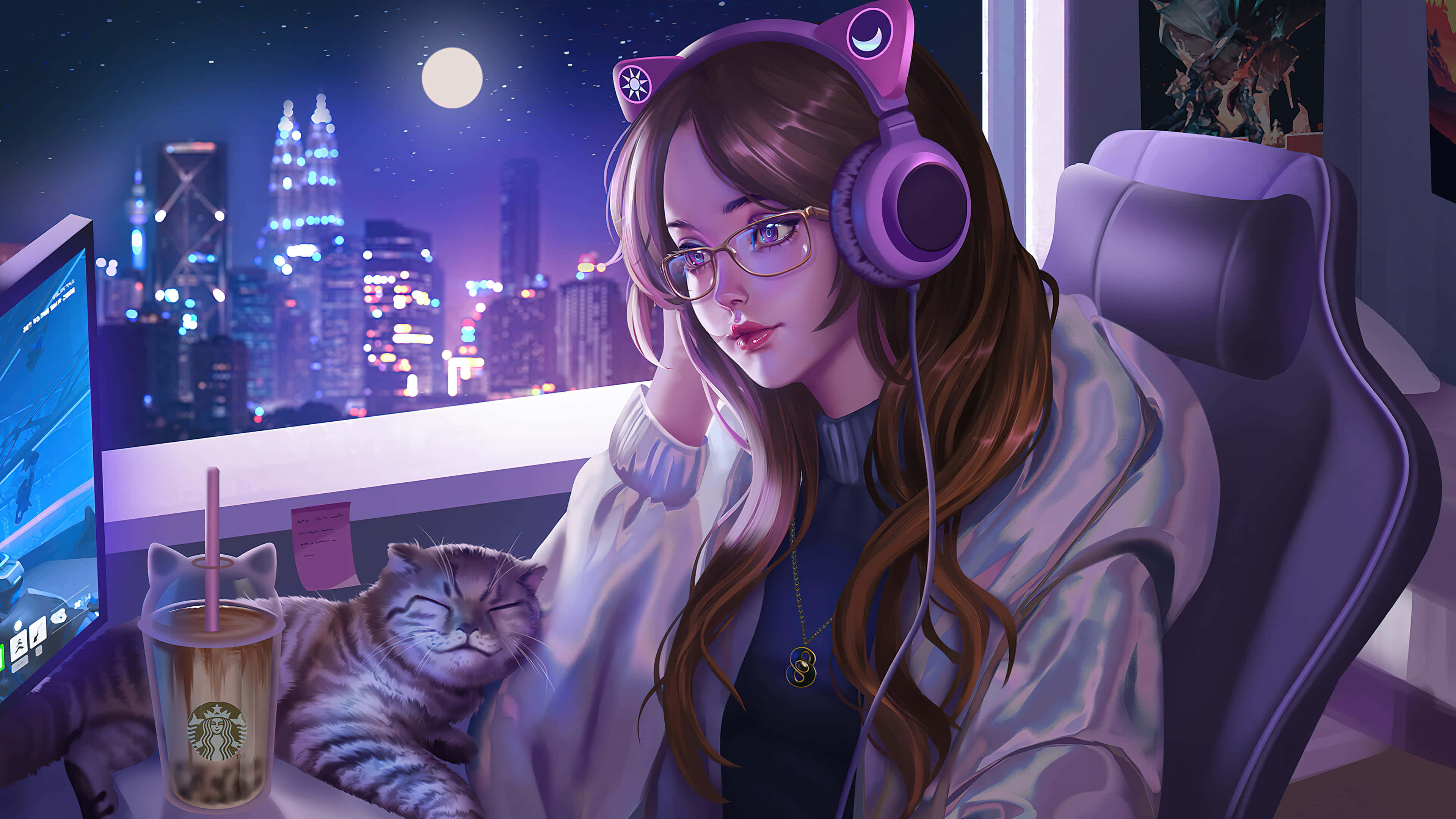 lofi 桌布 壁紙 — 一位戴著貓耳耳機的年輕女性坐在書桌前，有一隻睡著的貓和一杯星巴克飲料，背景是夜晚閃爍的城市天際線。