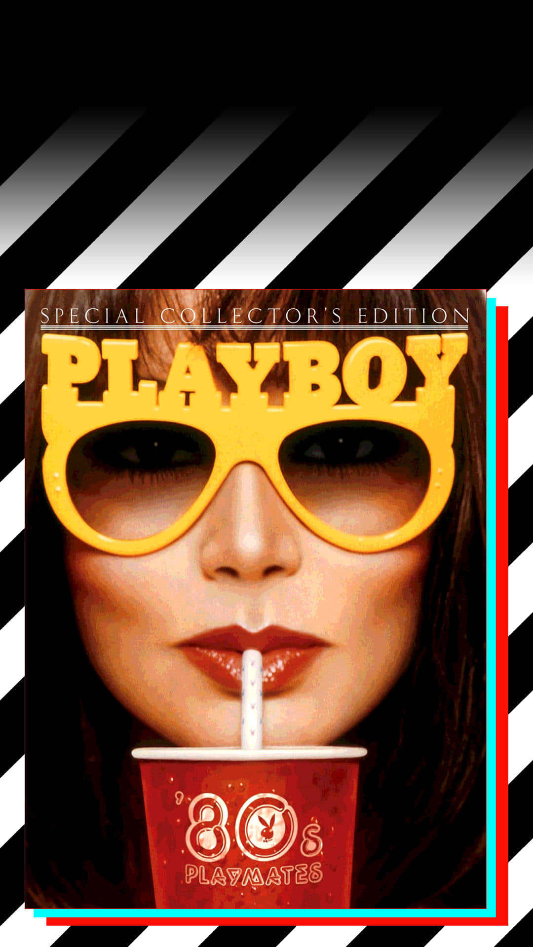 Playboy Aesthetic 桌布 壁紙 — 一位戴著超大黃色太陽眼鏡的女性，在醒目的黑白條紋背景下，從一個紅色的80年代Playmates杯子中啜飲。