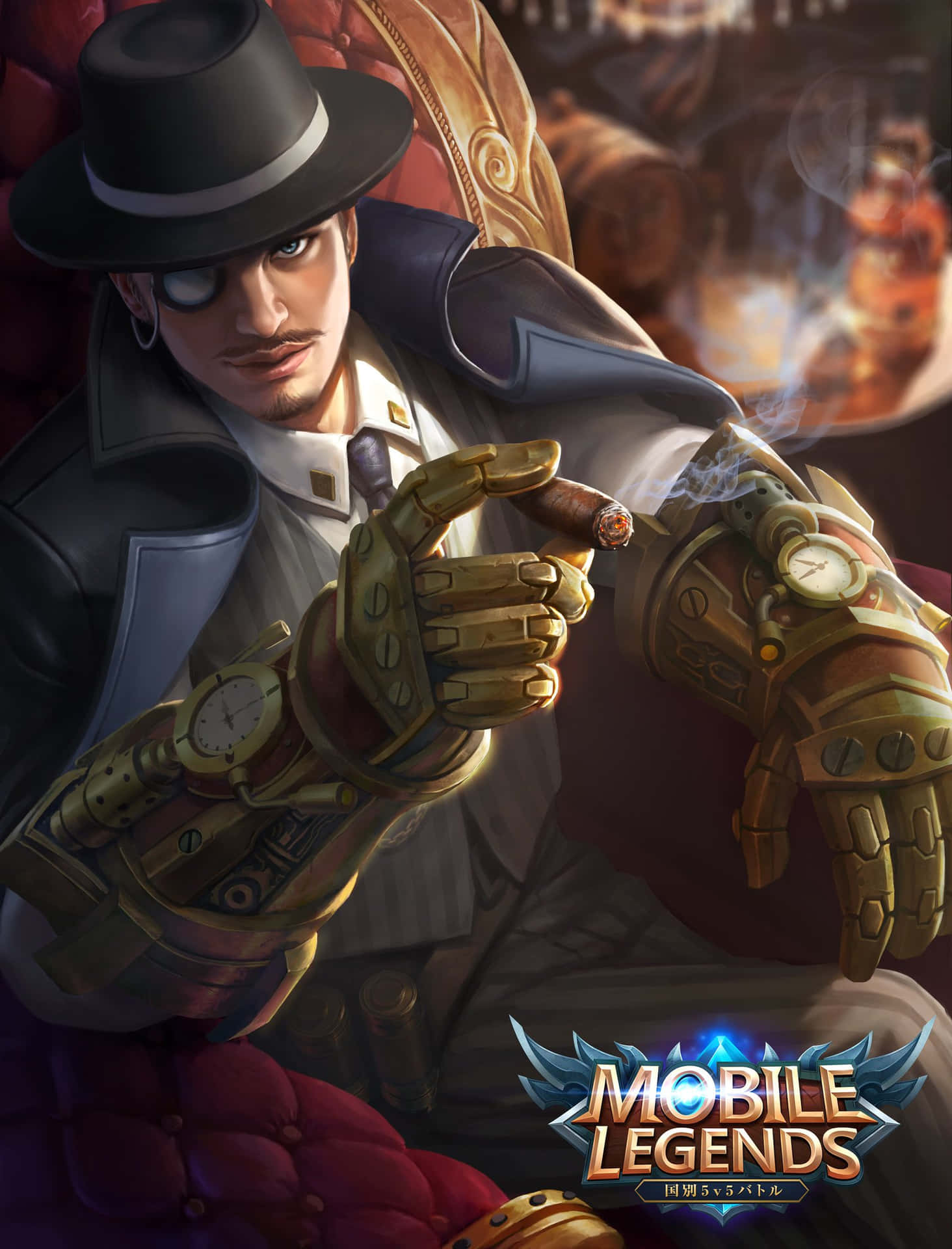 Mobile Legends 動態圖 桌布 壁紙 — 一位戴著軟呢帽和機械手套的蒸氣龐克紳士，坐在一張豪華的紅色椅子上抽雪茄。
