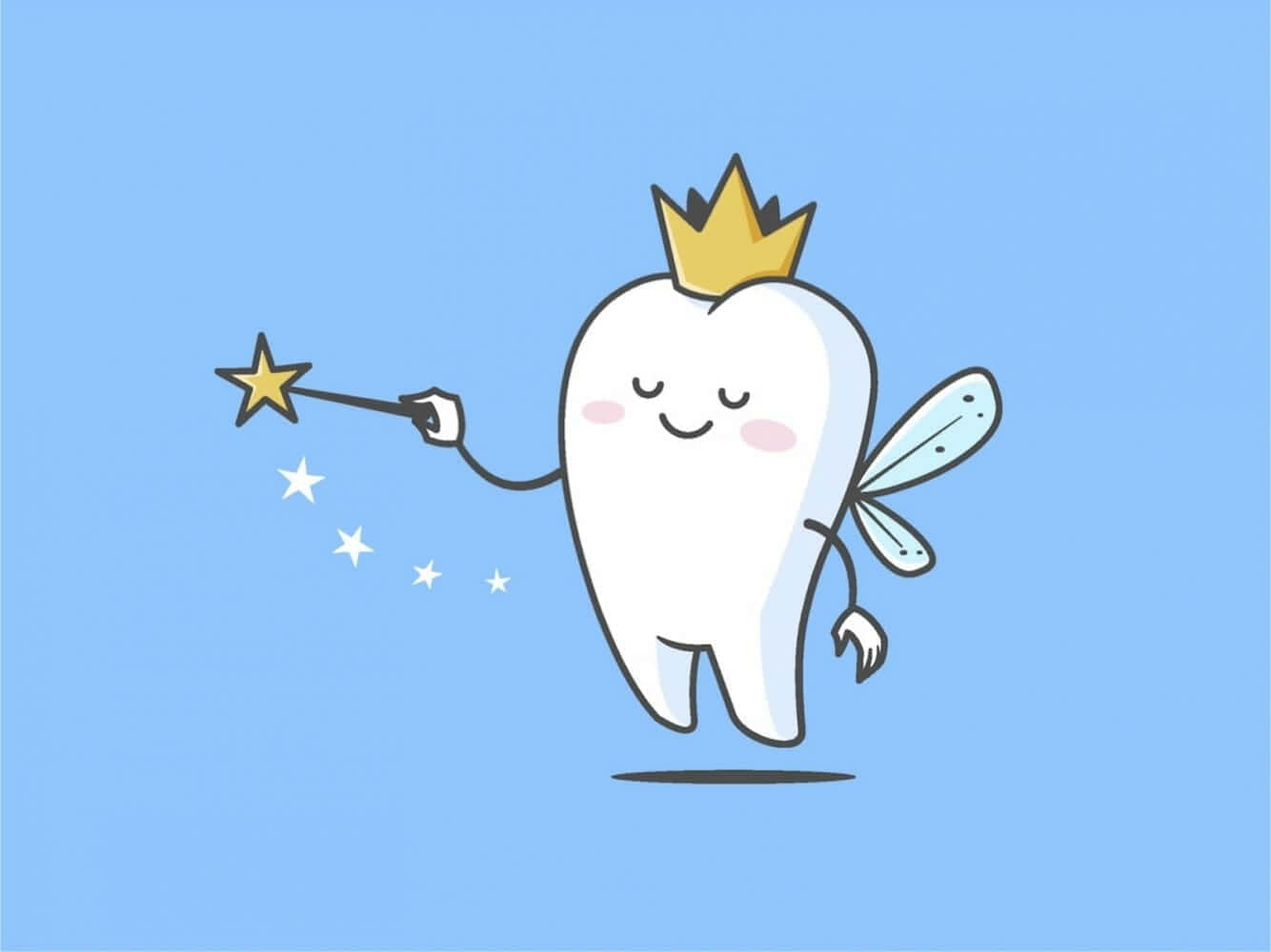 Tooth Fairy 桌布 壁紙 — 一位戴著金皇冠和翅膀的快樂牙仙，在柔和的藍色背景上揮舞著星星魔杖。