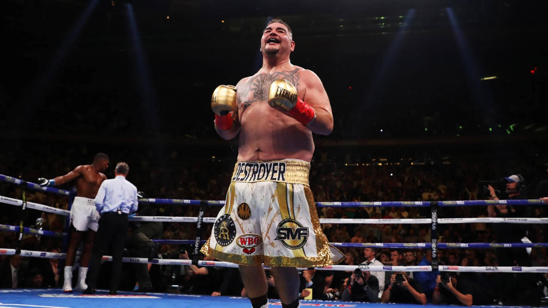 Andy 桌布 壁紙 — 一位戴著金色手套、穿著「DESTROYER」短褲的勝利拳擊手，在燈光明亮的擂台上與歡呼的人群一起慶祝勝利。