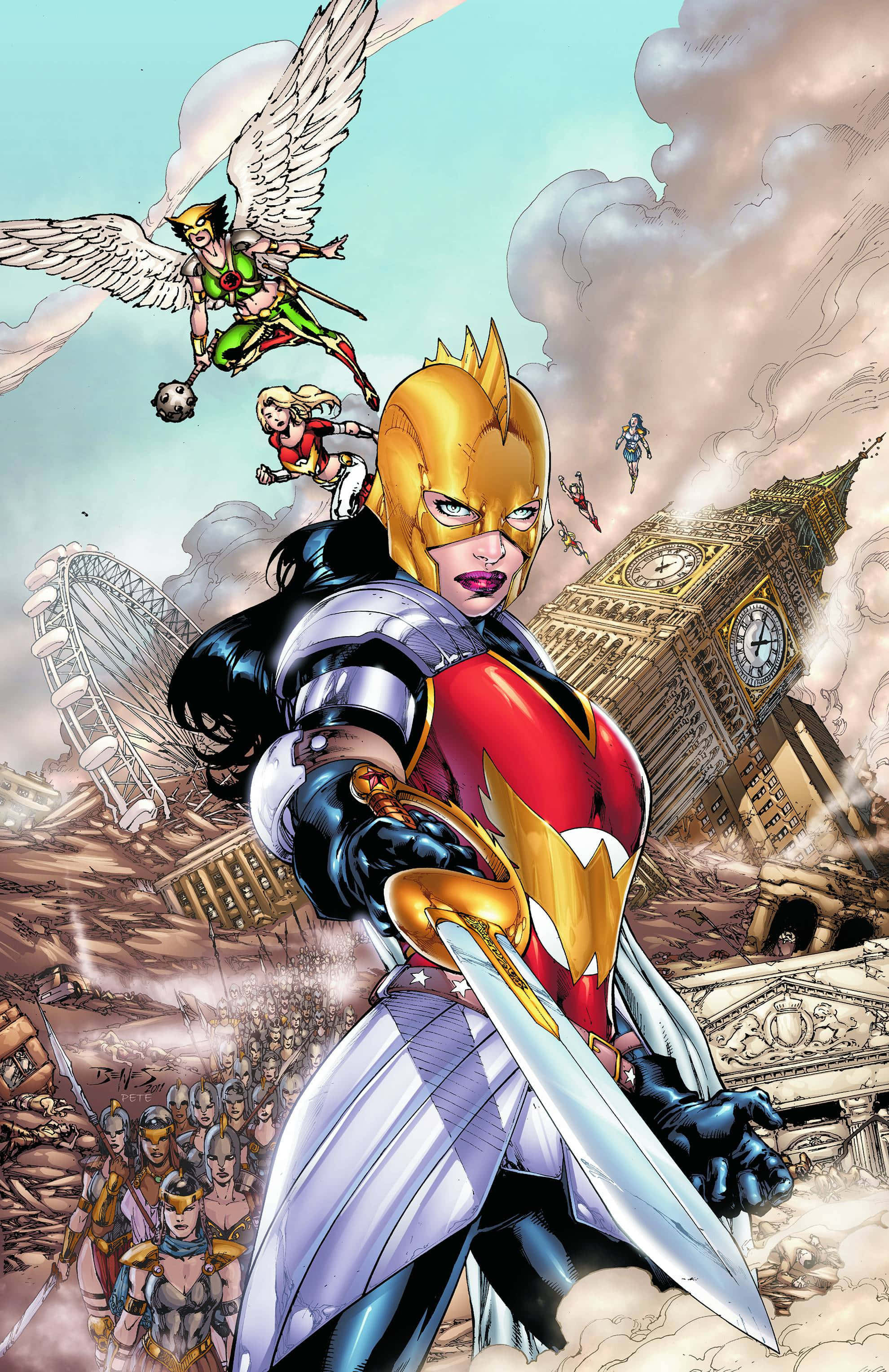 Justice League The Flashpoint Paradox 桌布 壁紙 — 一位戴著金色頭盔、手持劍的兇猛女超級英雄，在倫敦大笨鐘和摩天輪在她身後混亂中崩塌時，挑釁地站立著。