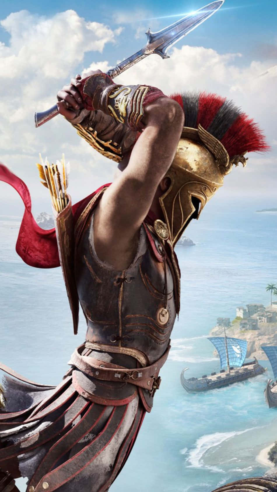 Android Assassin's Creed Odyssey 桌布 壁紙 — 一位戴著金色頭盔和紅色羽毛的斯巴達戰士，在沿海水域上方明亮的藍天下舉起劍。