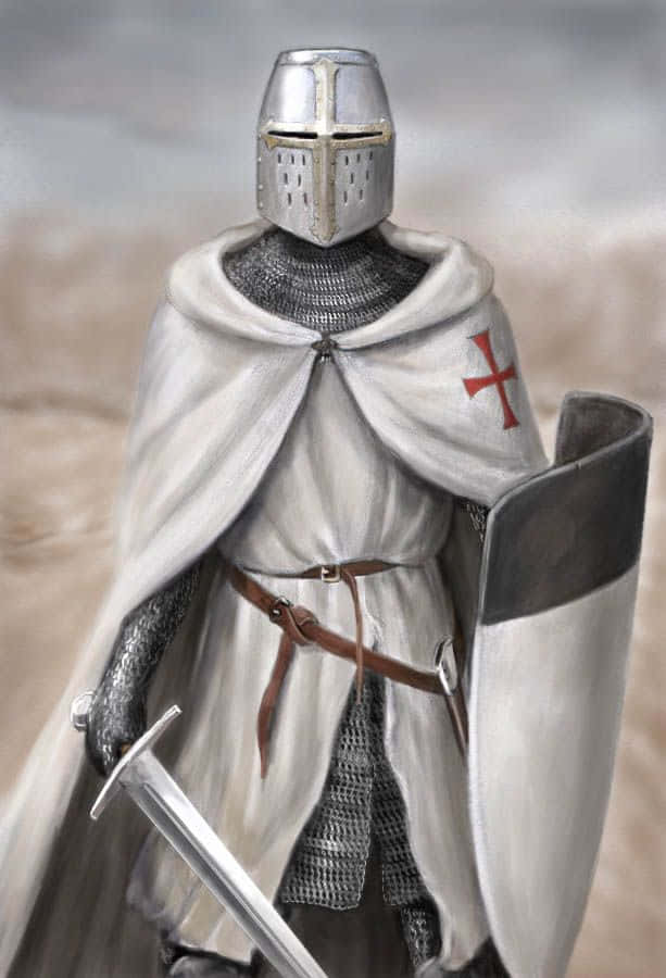 Crusader 桌布 壁紙 — 一位戴著銀色頭盔、身穿帶有紅色十字架的白色斗篷的騎士，手持劍和盾牌，站在暗淡的天空下。
