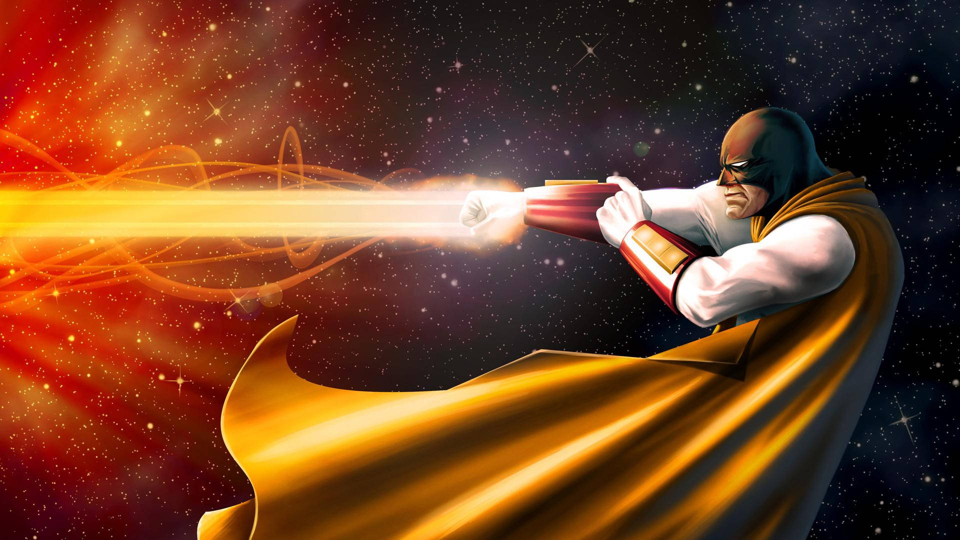 Space Ghost 桌布 壁紙 — 一位戴著面具、披著飄逸金色斗篷的超級英雄，在星光燦爛的宇宙背景下發射強大的能量衝擊波。