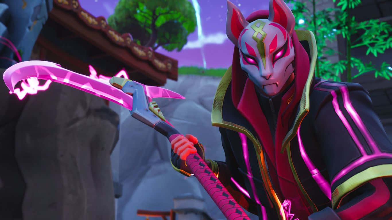 Fortnite Character 桌布 壁紙 — 一位戴著面具、擁有狐狸耳朵的動漫戰士，在神秘的暮色場景中揮舞著發光的粉紅色劍。