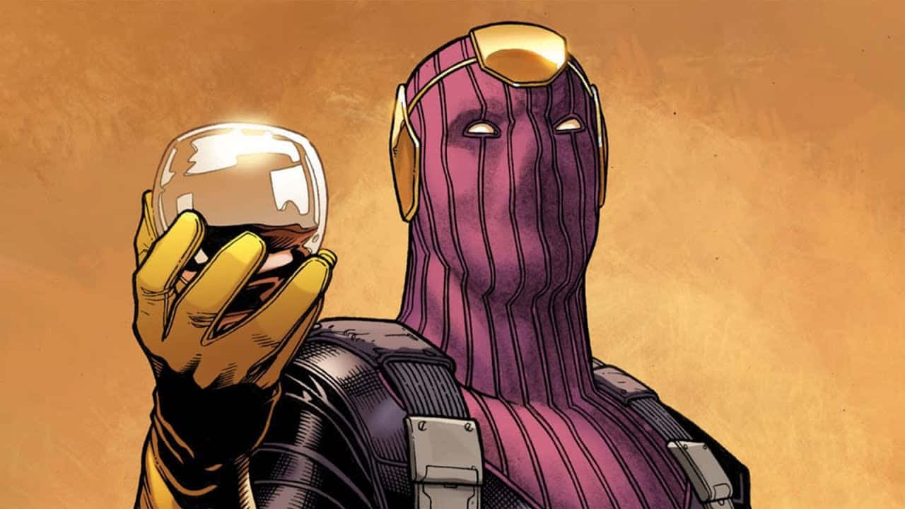 Baron Zemo 桌布 壁紙 — 一位戴著面具、身穿紫色和金色盔甲的超級英雄，在溫暖的紋理背景前手持發光球體。