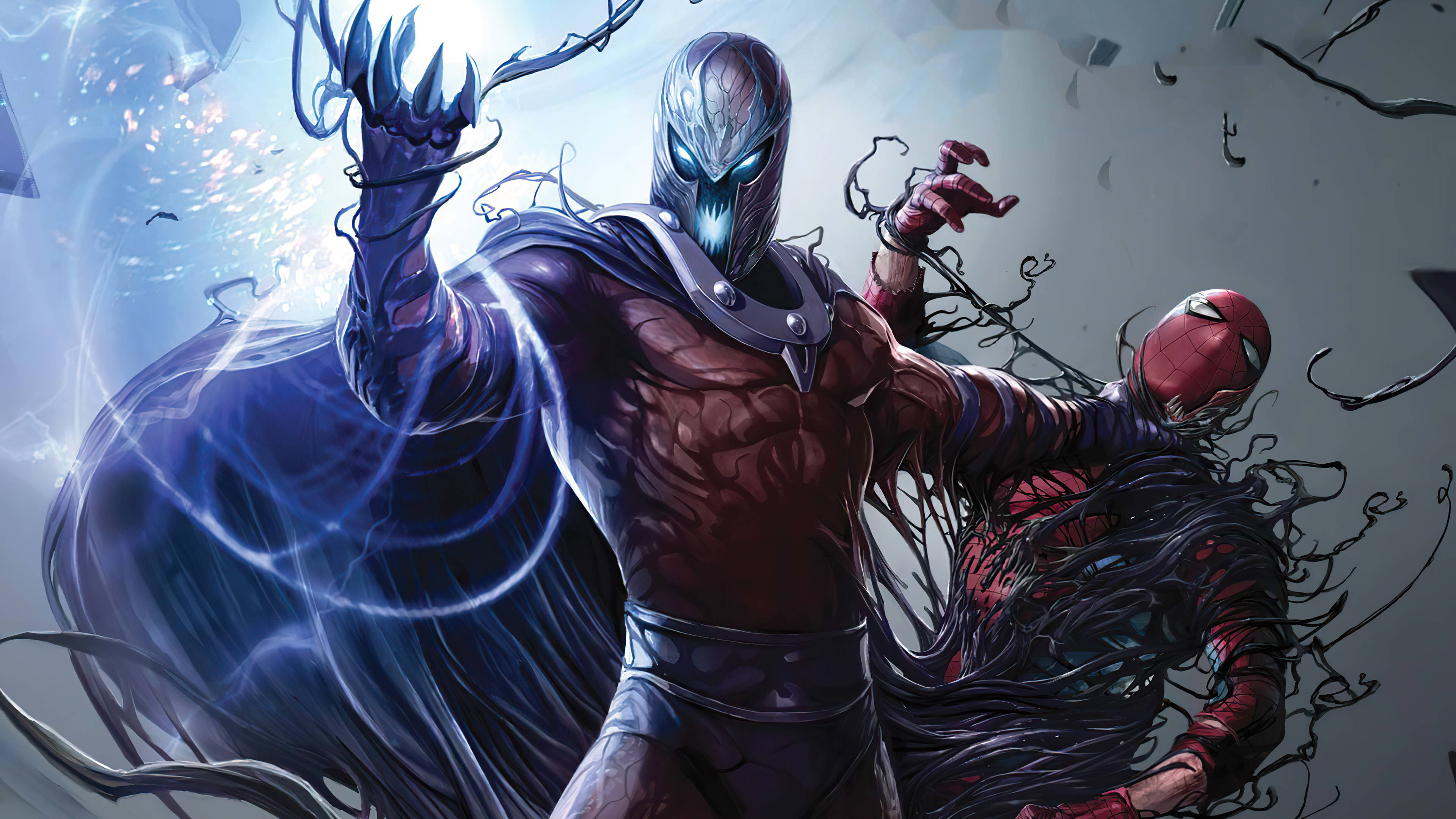 Magneto 桌布 壁紙 — 一位戴著面具、身穿黑暗盔甲的超级英雄與被共生體覆蓋的蜘蛛人，在旋轉的黑色觸手和電藍色能量中交戰。