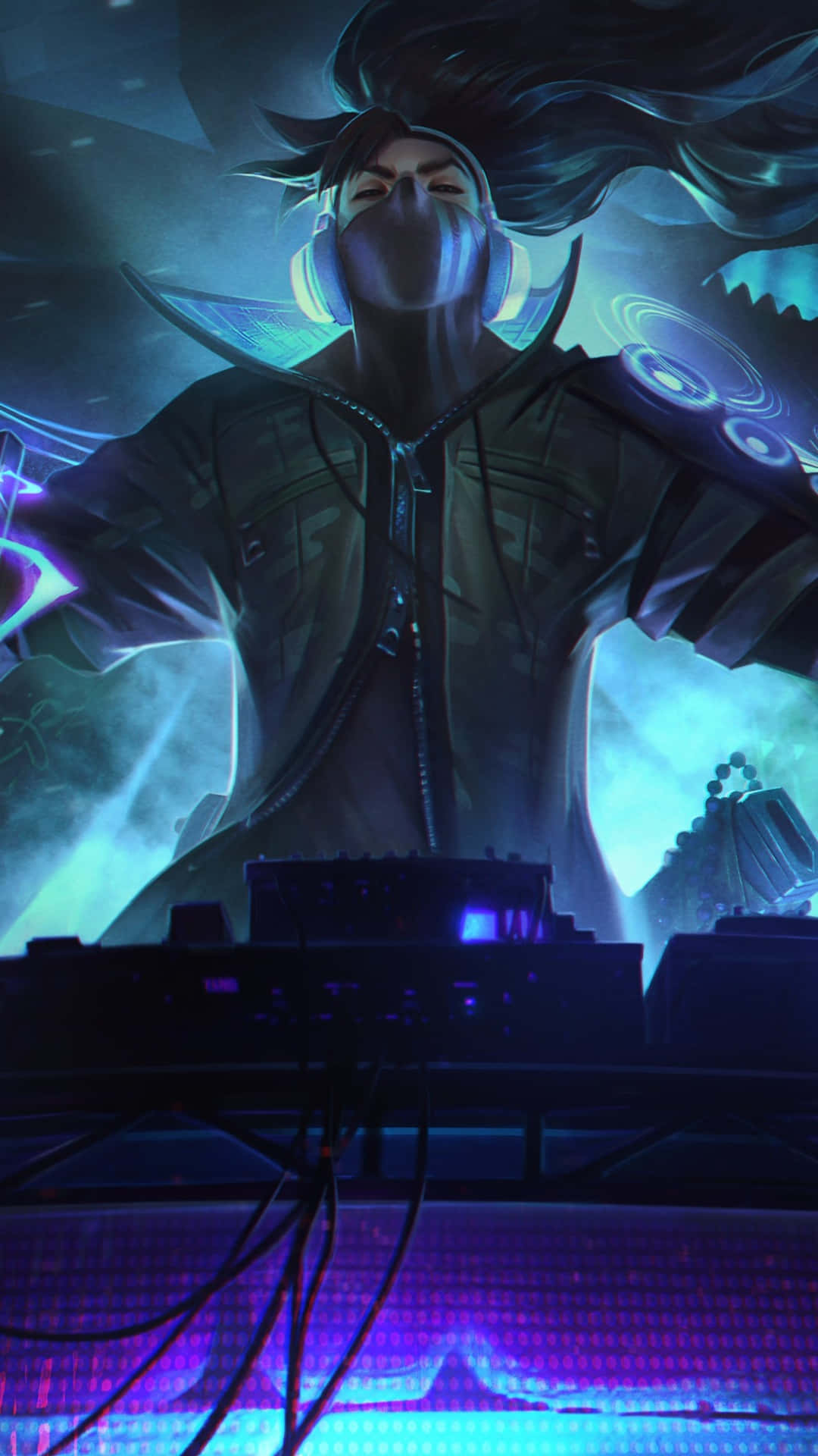 Android League Of Legends 桌布 壁紙 — 一位戴著面具的動漫DJ，戴著發光耳機和霓虹燈，在未來風格的俱樂部中操控發光的唱盤。