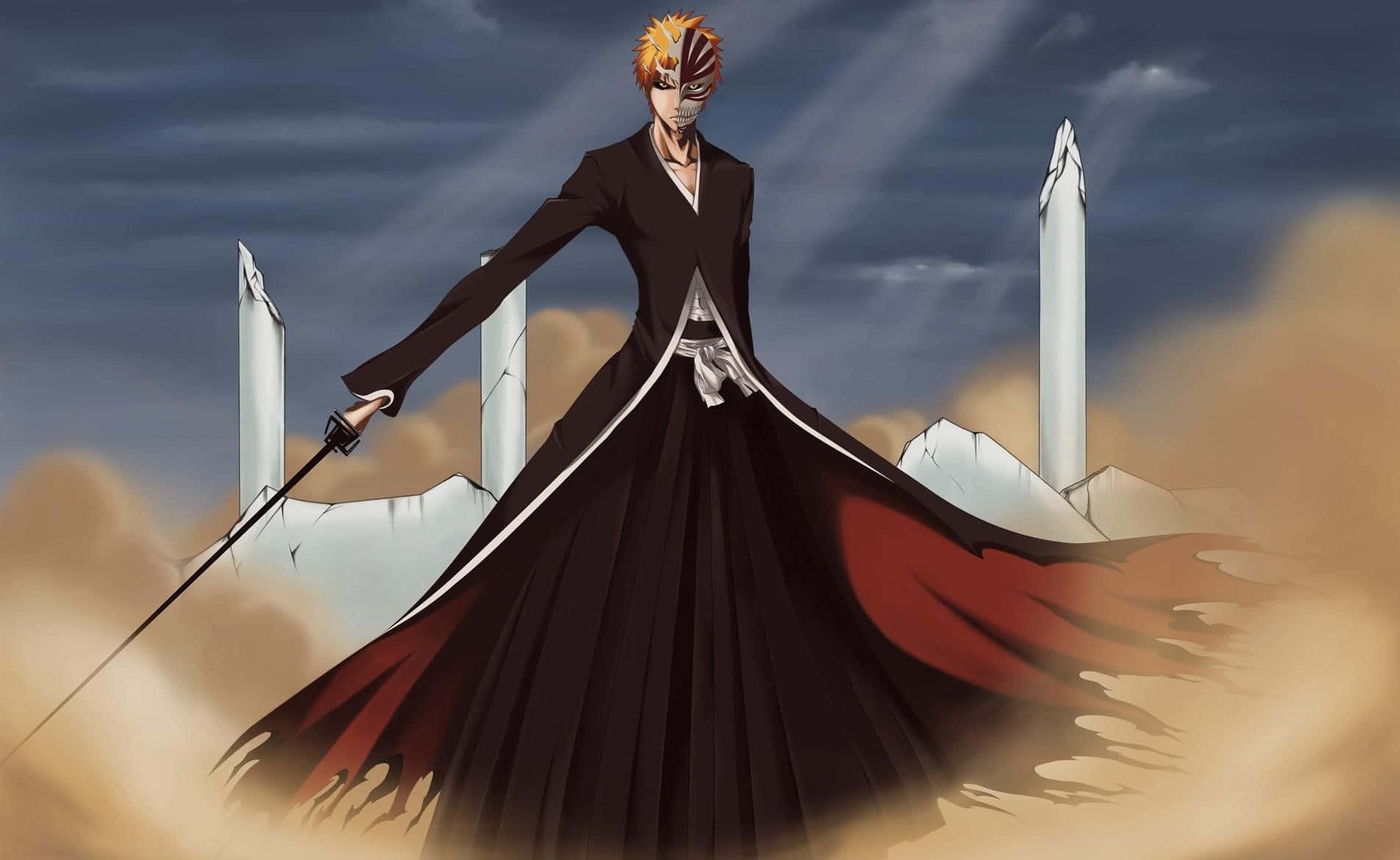 Bleach Thousand-year Blood War Arc 桌布 壁紙 — 一位戴著面具的動漫戰士，身穿飄逸的黑色和紅色外套，在暴風雨的天空和破碎的柱子前持劍待發。