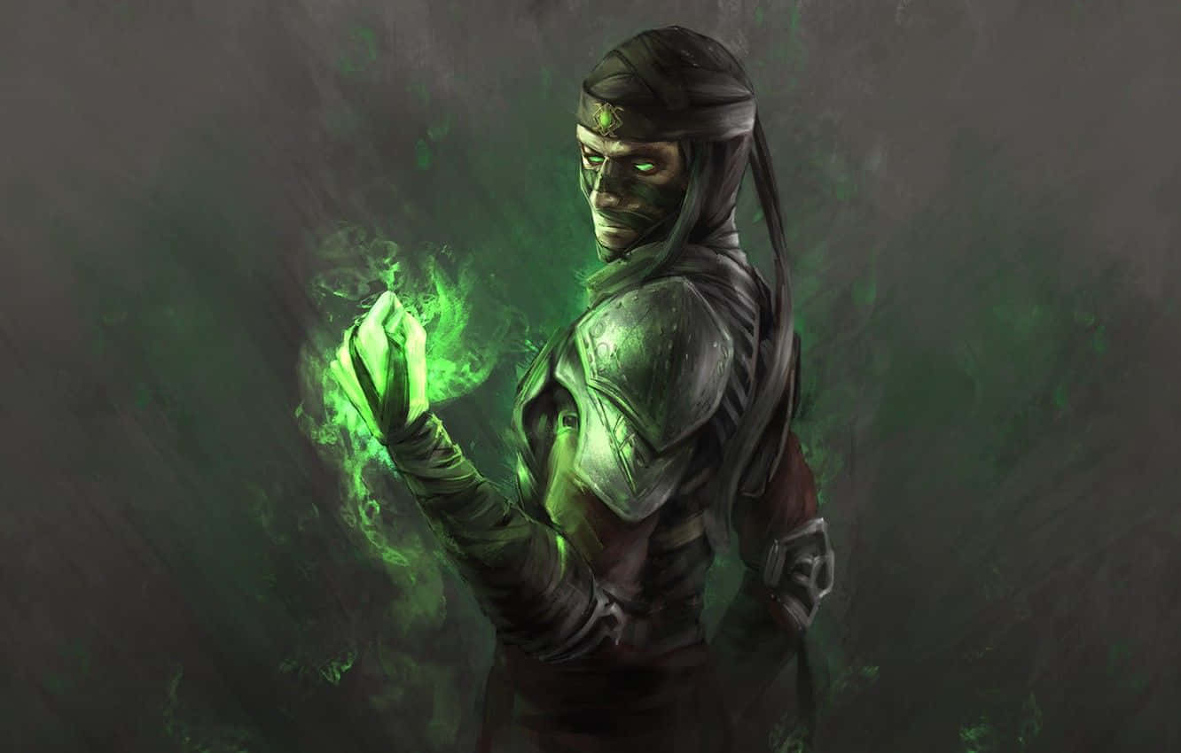 Mortal Kombat Ermac 桌布 壁紙 — 一位戴著面具的戰士身穿暗色盔甲，在煙霧繚繞的灰色背景前，從手中引導出發光的綠色能量。