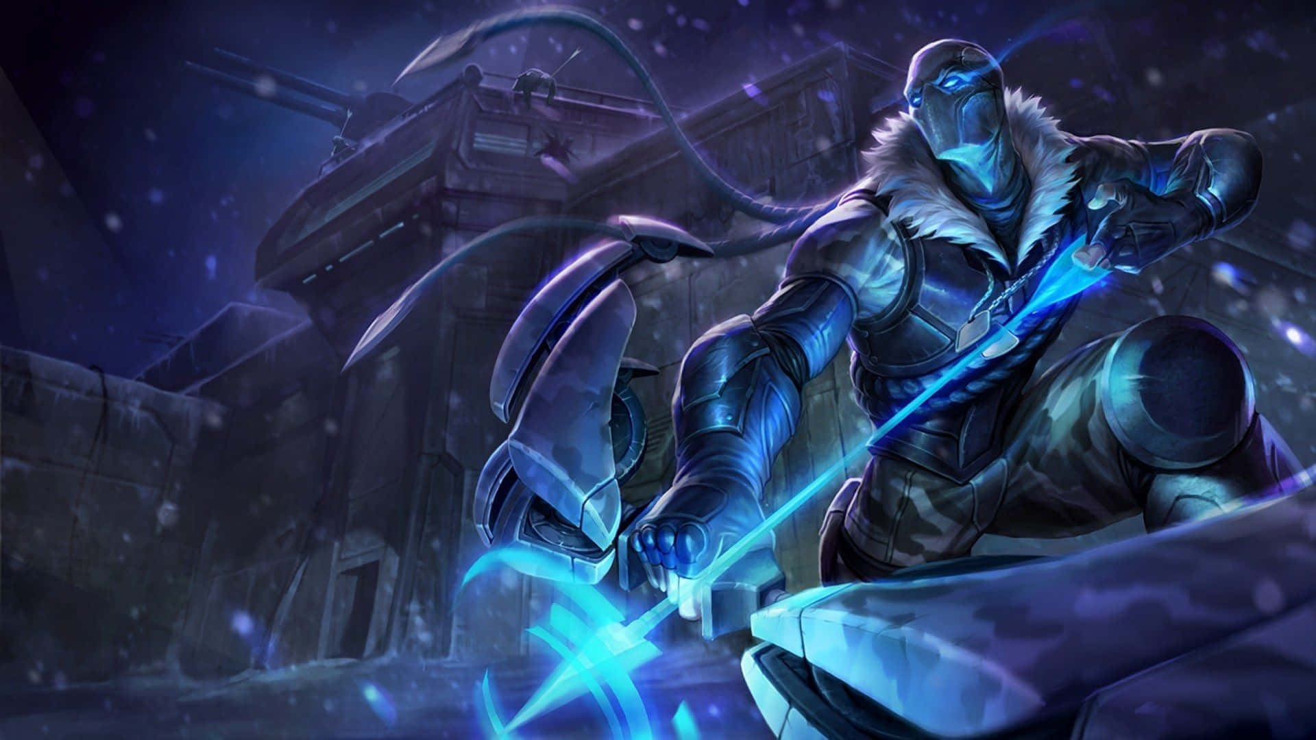 1920x1080 League Of Legends 桌布 壁紙 — 一位戴著面具的戰士身穿未來裝甲，在黑暗的城市廢墟中揮舞著發光的藍色劍，雪花飄落。