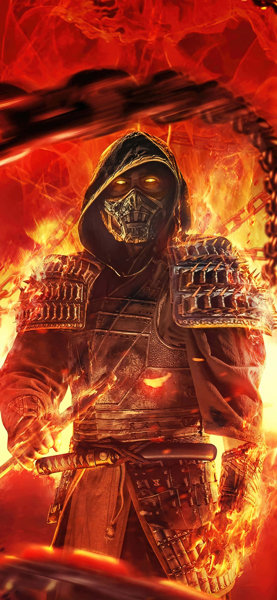 Mortal Kombat 桌布 壁紙 — 一位戴著面具的戰士身穿華麗盔甲，站立在熊熊烈火之中，雙眼發光，一條鎖鏈在周圍旋轉。