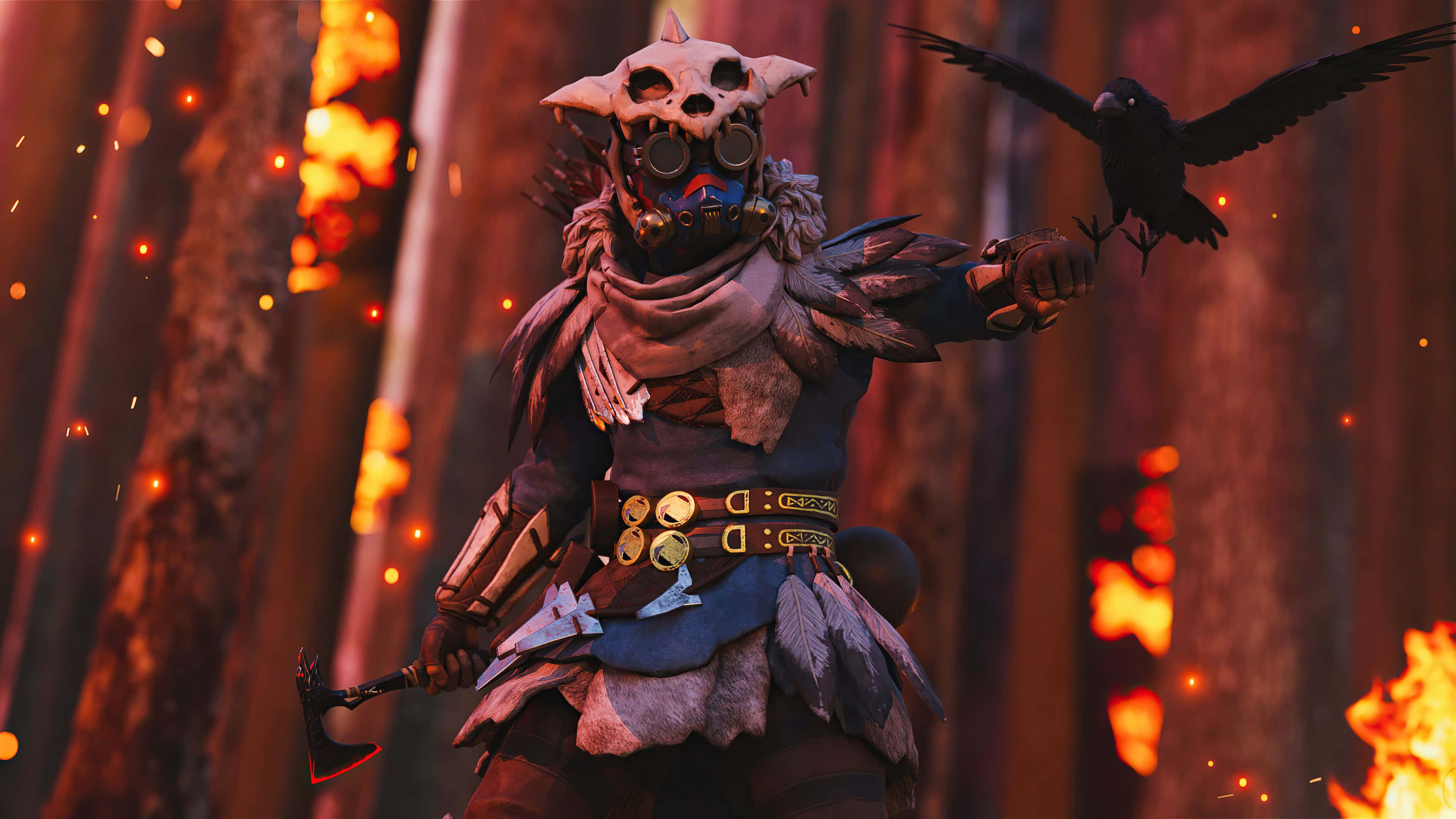 Apex Legends Bloodhound 桌布 壁紙 — 一位戴著面具的戰士身穿部落鎧甲，站在烈火熊熊的森林中，手臂上棲著一隻烏鴉。
