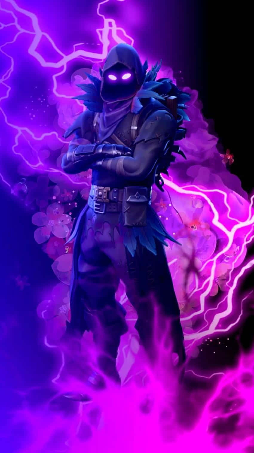 Fortnite Galaxy 桌布 壁紙 — 一位戴著面具的戰士身穿黑色盔甲，站立在噼啪作響的紫色閃電和發光的櫻花之中。