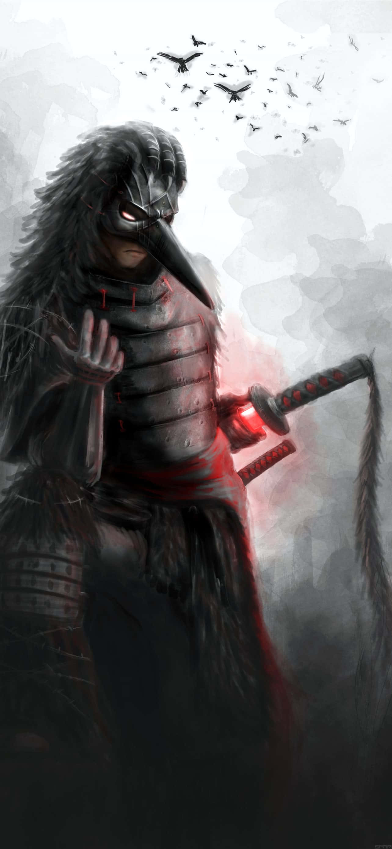 Tengu 桌布 壁紙 — 一位戴著面具的武士穿著暗色盔甲，手持發光的紅色武士刀，鳥兒在霧濛濛的灰色天空中飛走。