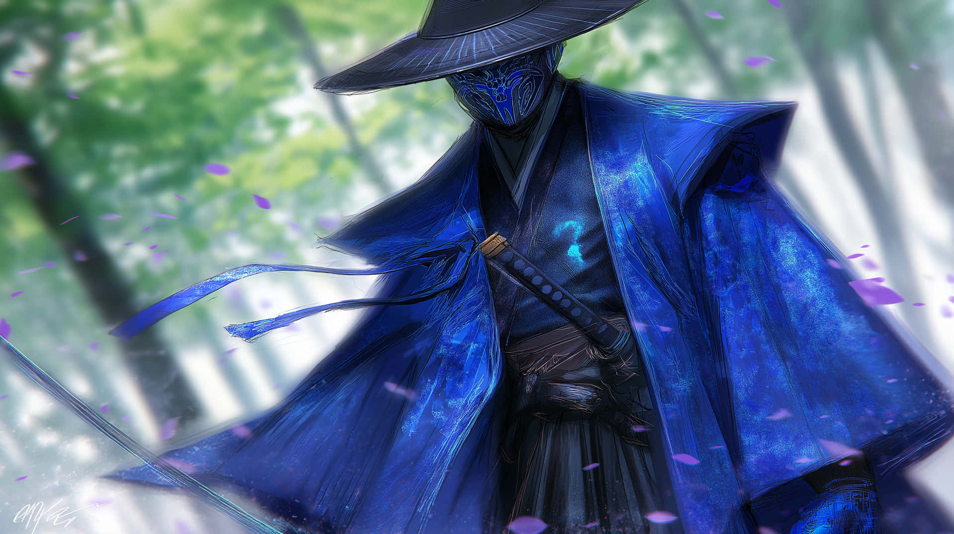 Ghostly Samurai Warrior in Traditional Attire with Katana 壁紙 — 一位戴著面具的武士身穿飄逸的藍色長袍，站在陽光明媚的森林中，紫色的花瓣在他周圍飄舞。