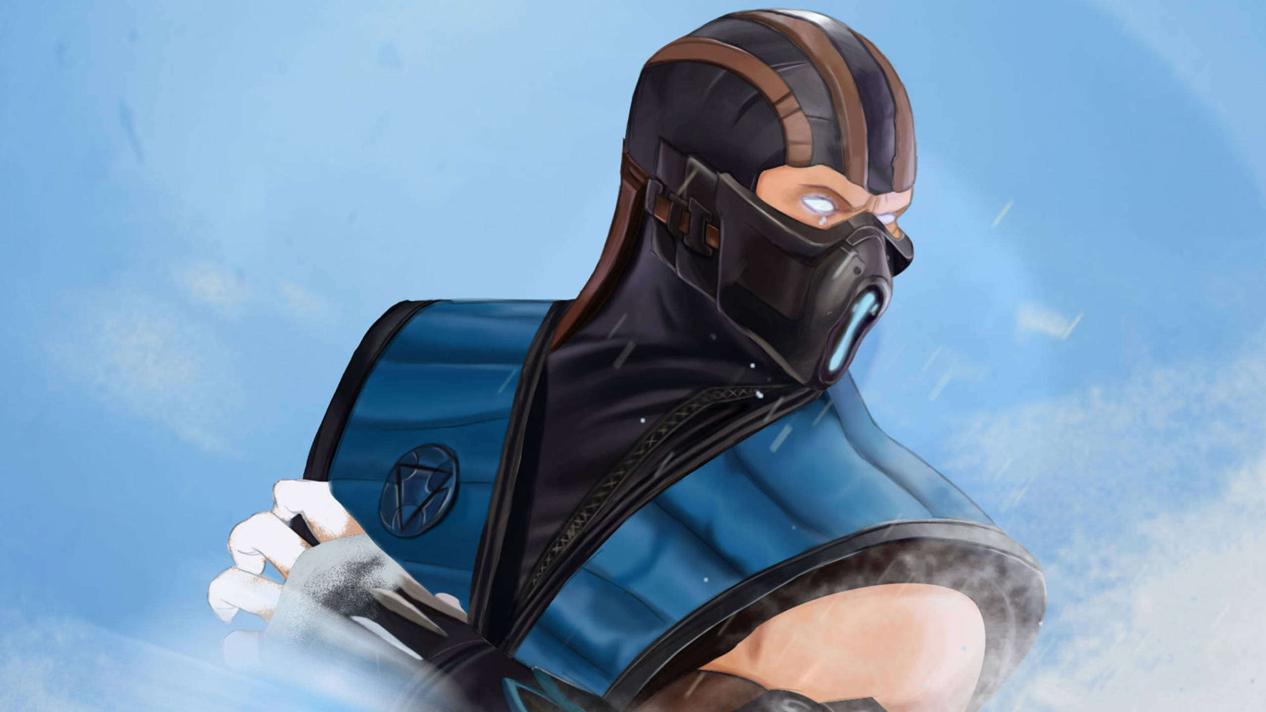 Sub-zero 桌布 壁紙 — 一位戴著面具的武術家，身穿藍黑盔甲，在雪花飄落的陰雲天空下擺出姿勢。