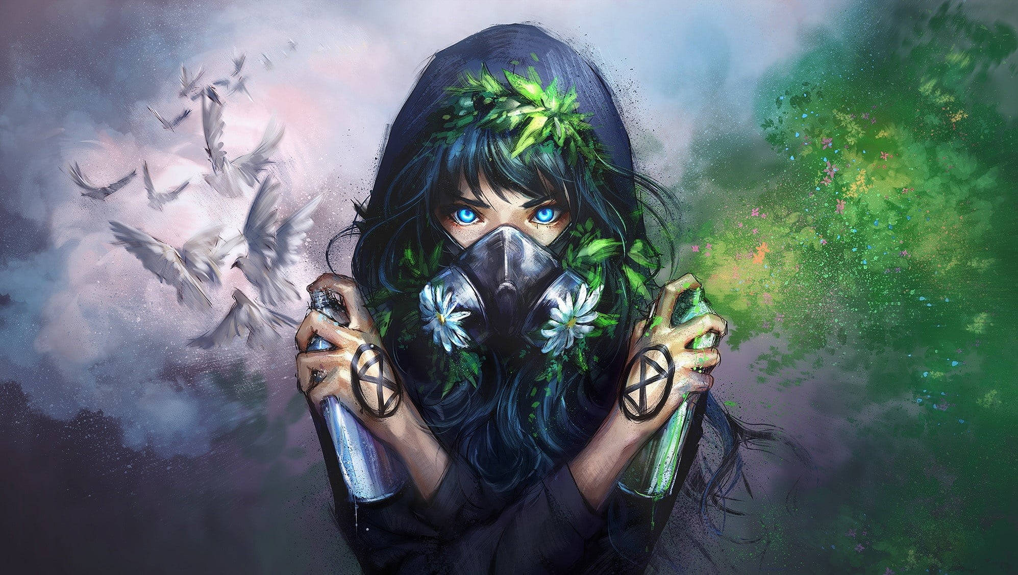 White Dove 桌布 壁紙 — 一位戴著面具的環保活動家，藍色眼睛，頭髮中有綠色葉子，在鳥兒飛過的超現實、如畫的場景中噴漆。