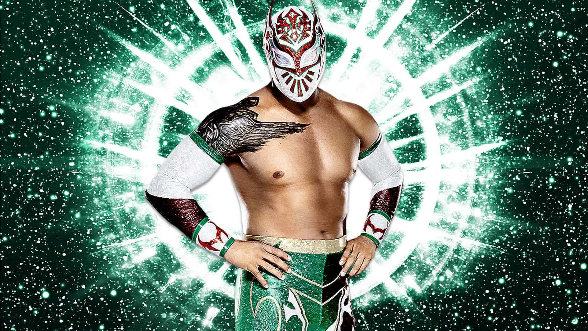 WWE 桌布 壁紙 — 一位戴著面具的綠色和白色裝備的墨西哥摔角手自信地站在發光的綠色宇宙背景前，帶有星爆效果。
