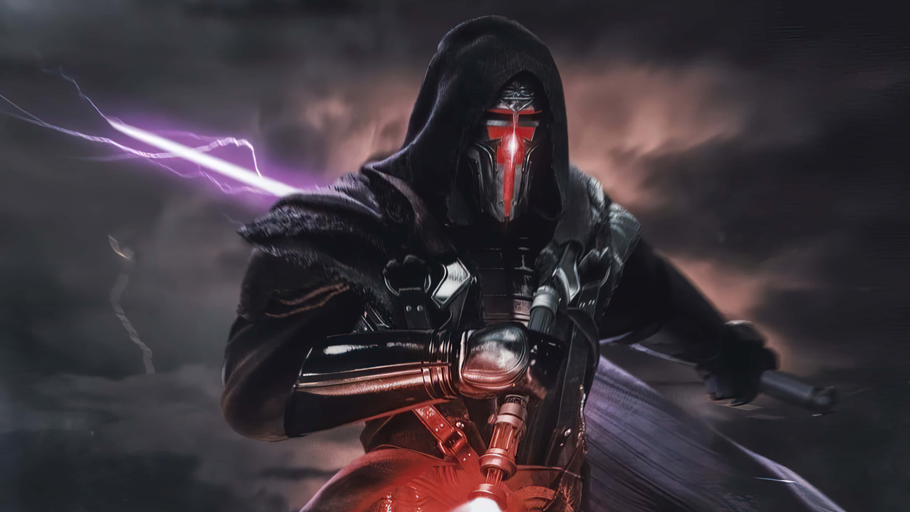Darth Revan 4K 桌布 壁紙 — 一位戴著頭巾、紅色面具的戰士，在暴風雨的天空下揮舞著發光的紫色光劍。