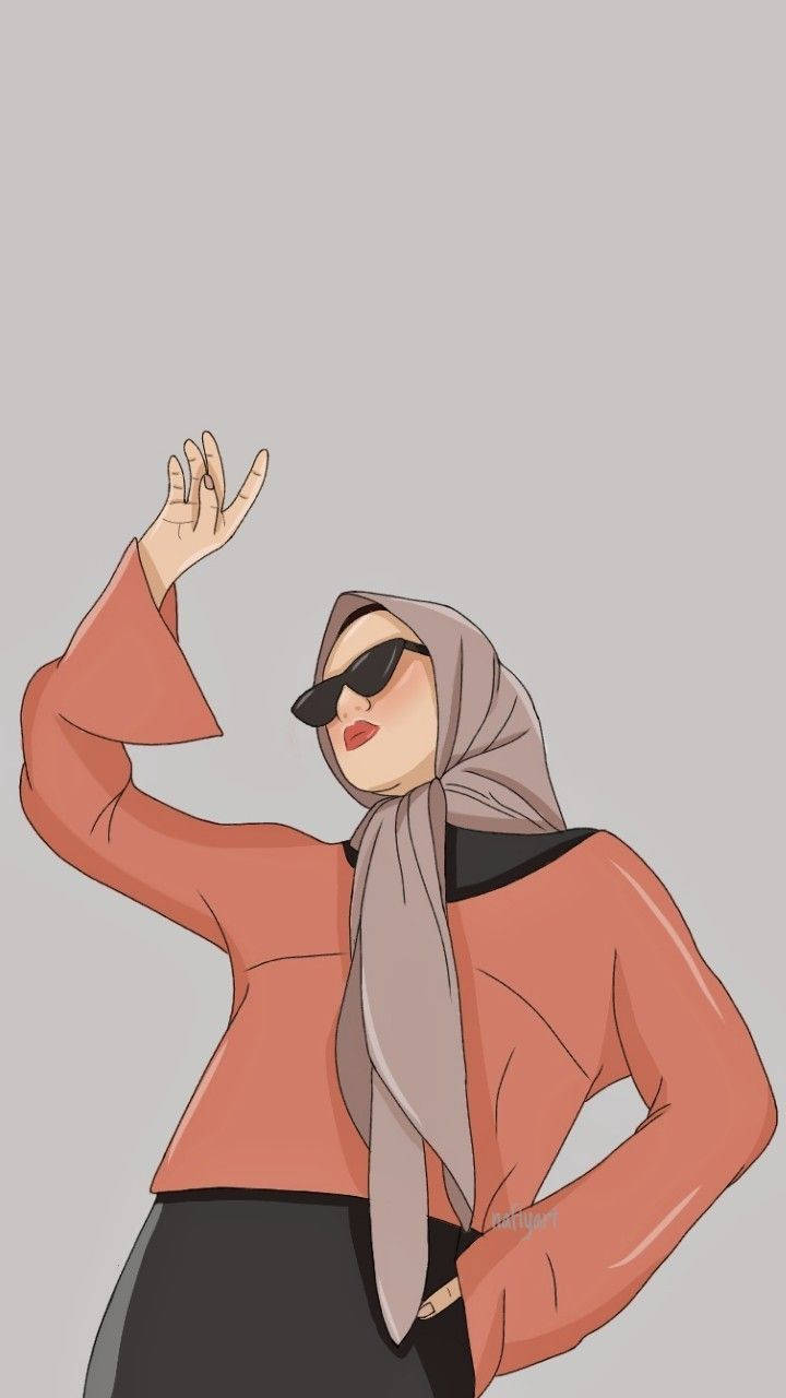 hijab cartoon 桌布 壁紙 — 一位戴著頭巾和太陽眼鏡的時尚女性，在純灰色背景前擺出自信的姿勢。