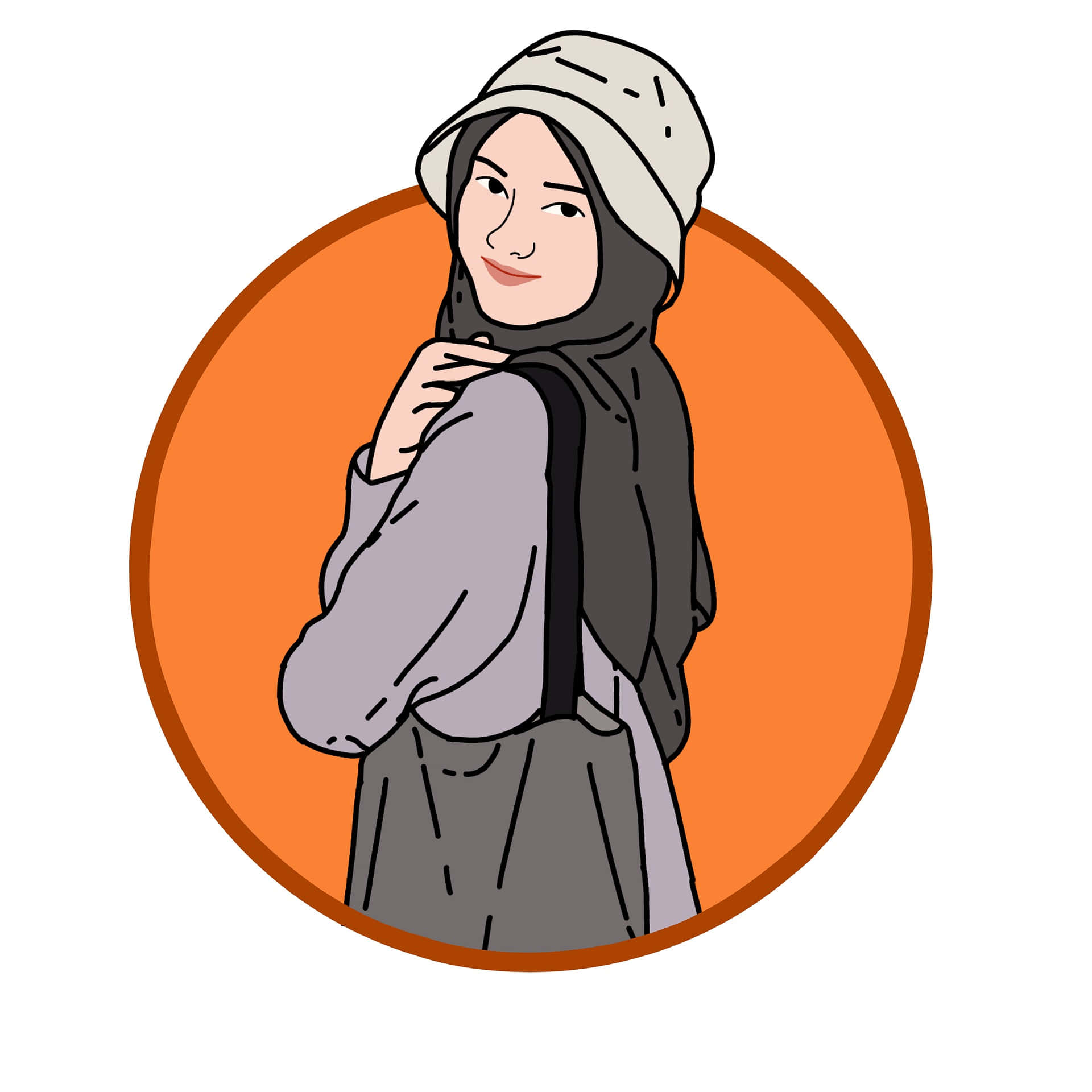 Cartoon 桌布 壁紙 — 一位戴著頭巾和漁夫帽的微笑女性，站在溫暖的橙色圓形框架中，手持托特包。